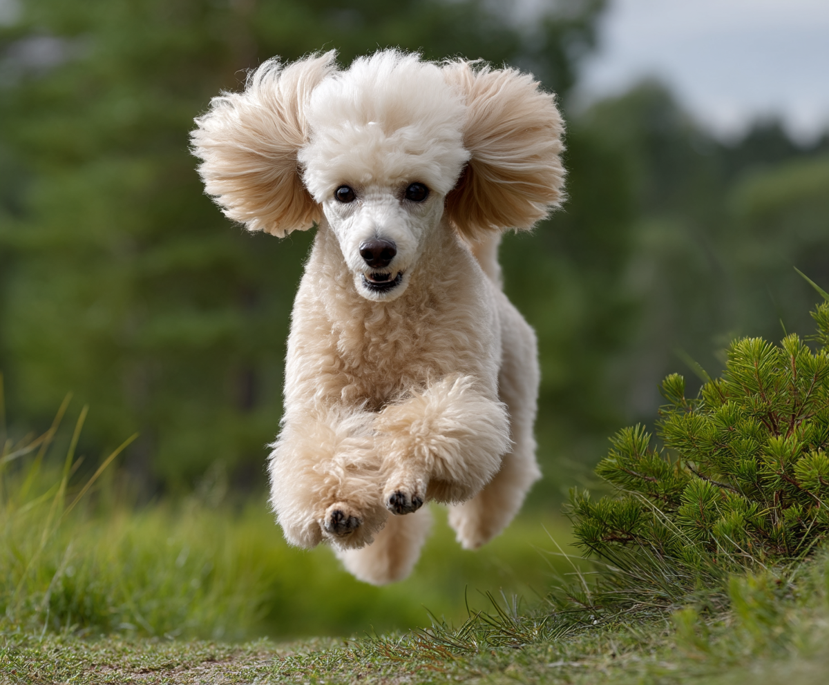 cream colored poodle in german cut, mid-jump in a green field, fur trimmed in classic german style, fluffy rounded head and clean shaven legs, cheerful expression, action shot, shallow depth of field, natural daylight