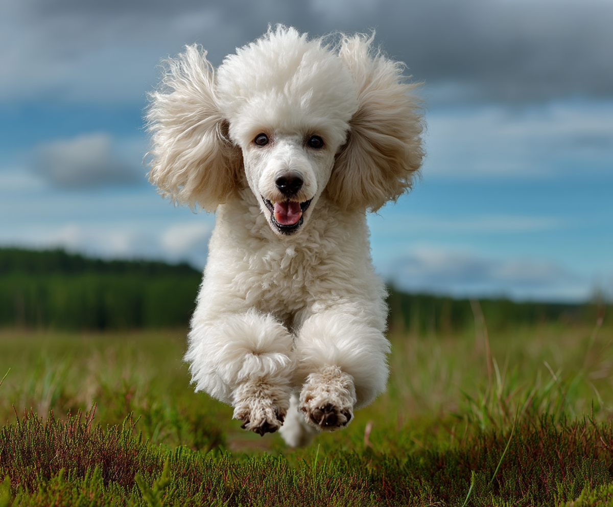 cream colored poodle in german cut, mid-jump in a green field, fur trimmed in classic german style, fluffy rounded head and clean shaven legs, cheerful expression, action shot, shallow depth of field, natural daylight