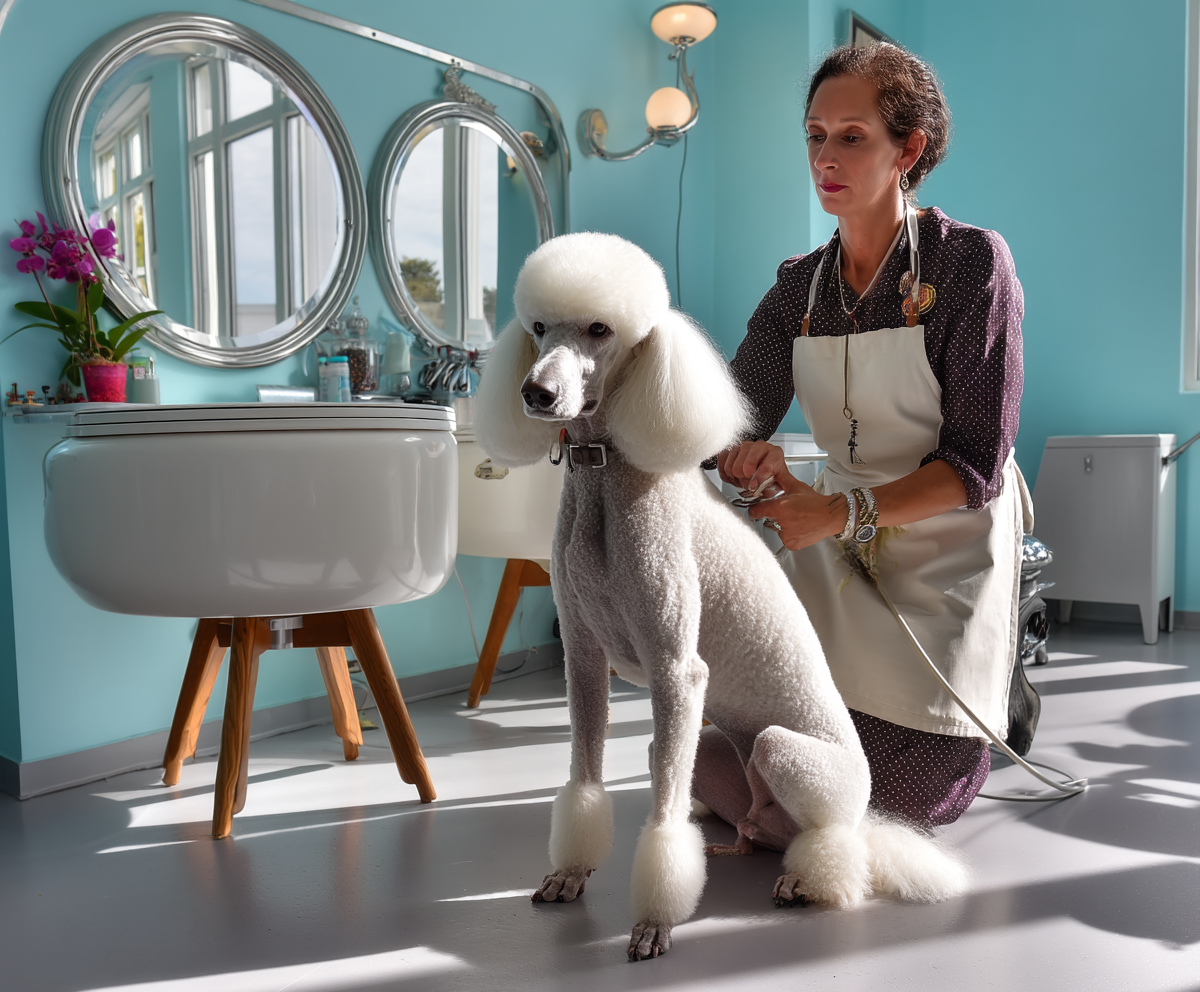 standard poodle mid-groom in german cut, sleek scissors in motion, bright and stylish pet salon with mirrors, groomer in apron gently shaping fur, light-filled clean space, calm expression on poodle, DSLR realism