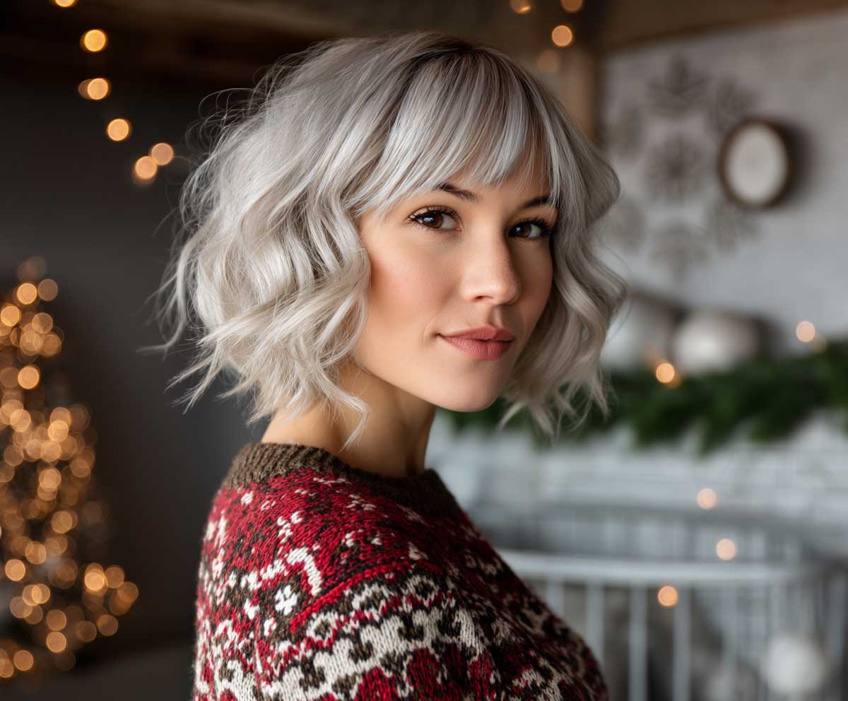 portrait of a woman with icy silver wavy shag haircut at shoulder length, cozy holiday sweater, decorated indoor winter party scene, warm lighting, snowflakes in background