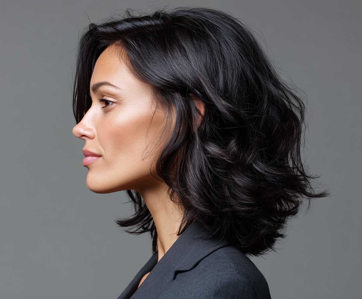 side profile of a poised woman with deep black shoulder-length wavy hair with layers, dressed in business casual attire, minimal makeup, neutral background, soft daylight, corporate tone