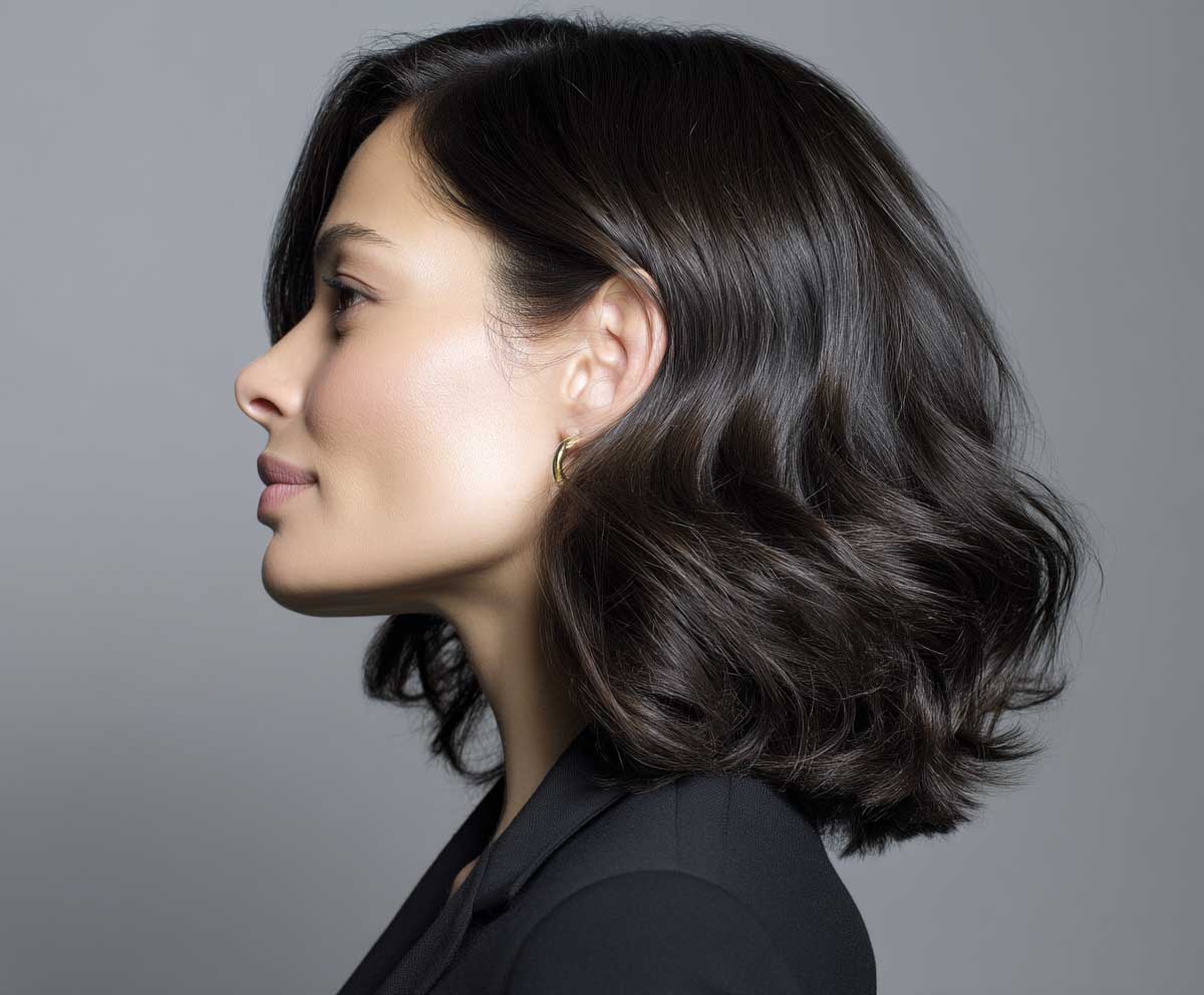 side profile of a poised woman with deep black shoulder-length wavy hair with layers, dressed in business casual attire, minimal makeup, neutral background, soft daylight, corporate tone