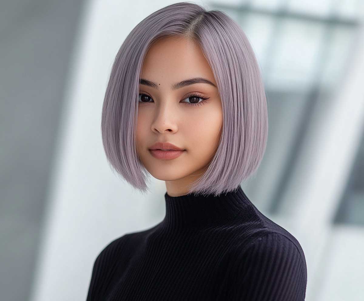 portrait photo of a woman with straight blunt bob haircut, soft micro layers, ash lavender gray hair, clean sharp lines, minimal modern outfit, natural soft focus background
