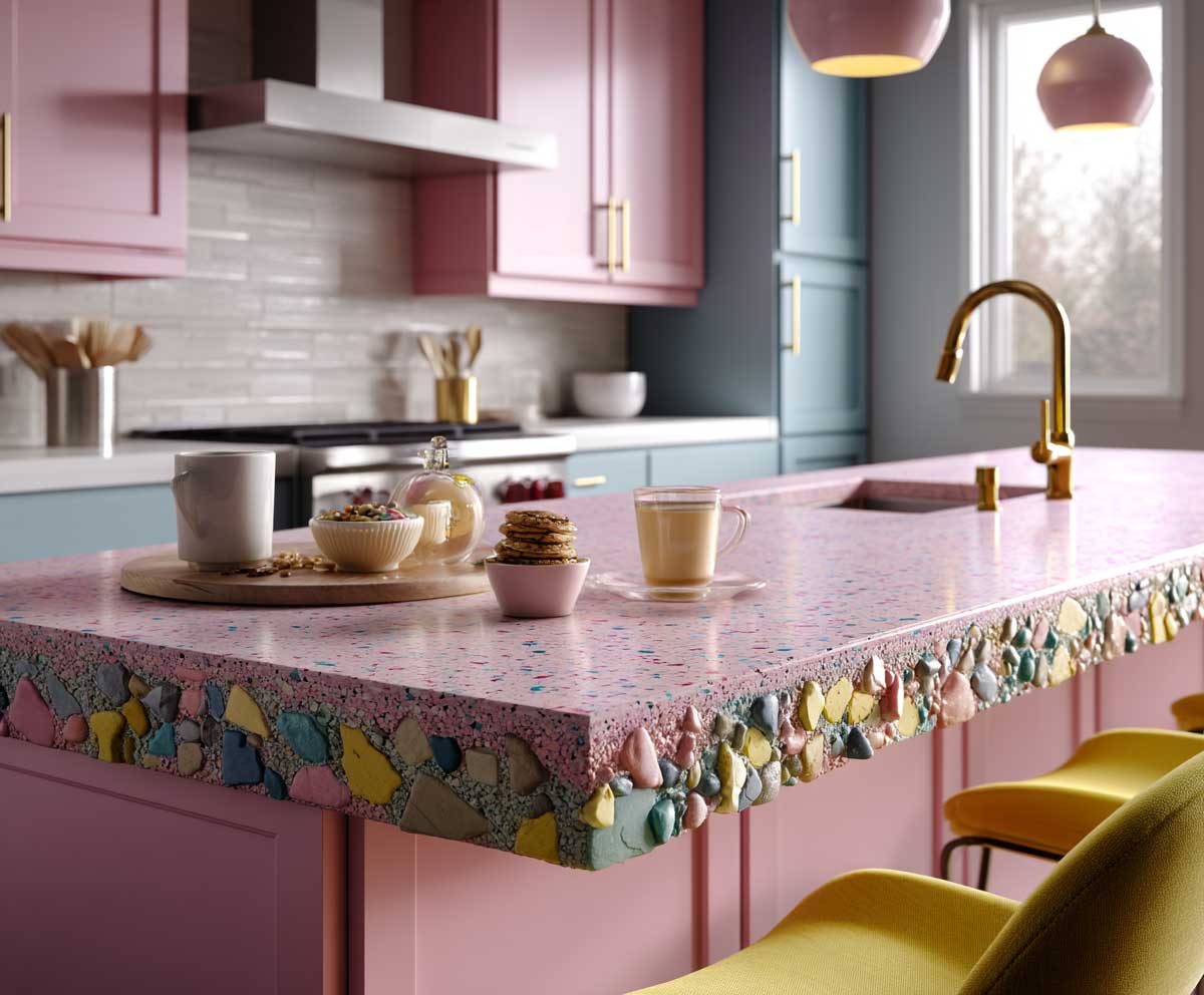 Pastel-colored terrazzo kitchen island countertop, speckled with subtle pinks, blues, and yellows, retro-modern kitchen ambiance, soft ambient lighting, matte finish, full interior scene