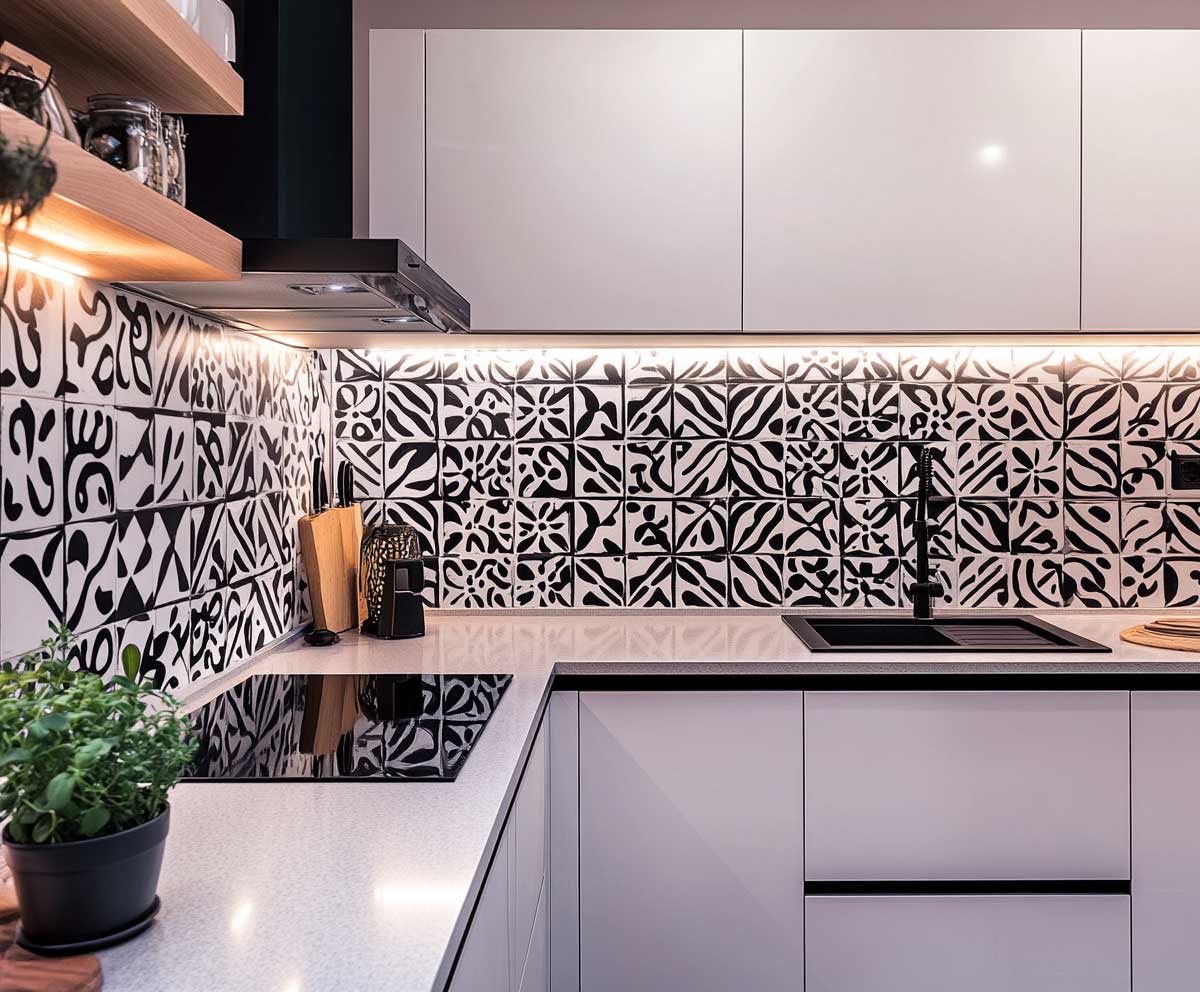 high contrast black and white patterned tiles, geometric graphic design, paired with minimal white upper cabinets, bright kitchen lighting, creative and modern style