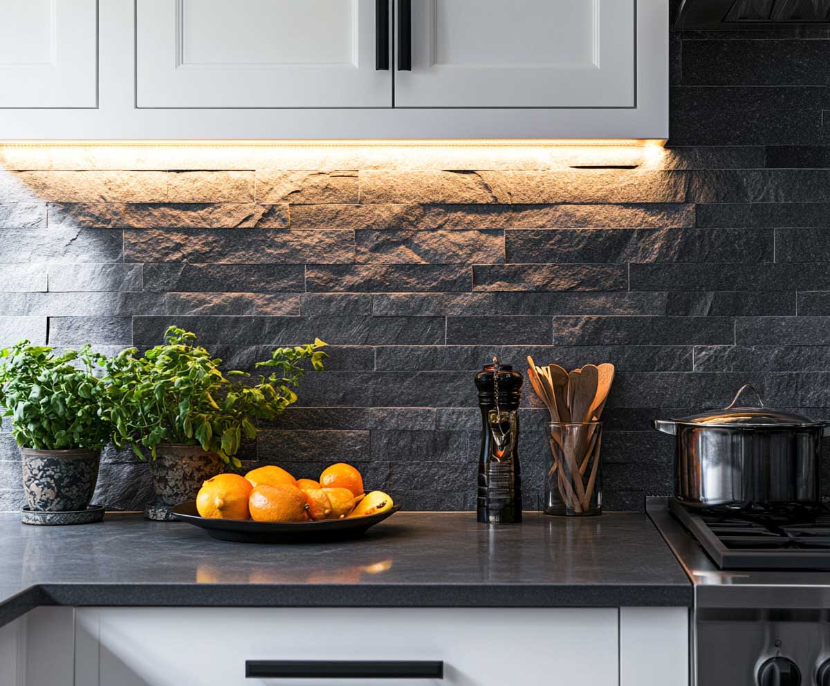 matte textured charcoal stone backsplash wall, rustic-modern style kitchen, crisp white shaker cabinets, under-cabinet lighting, natural shadows, earthy and bold contrast