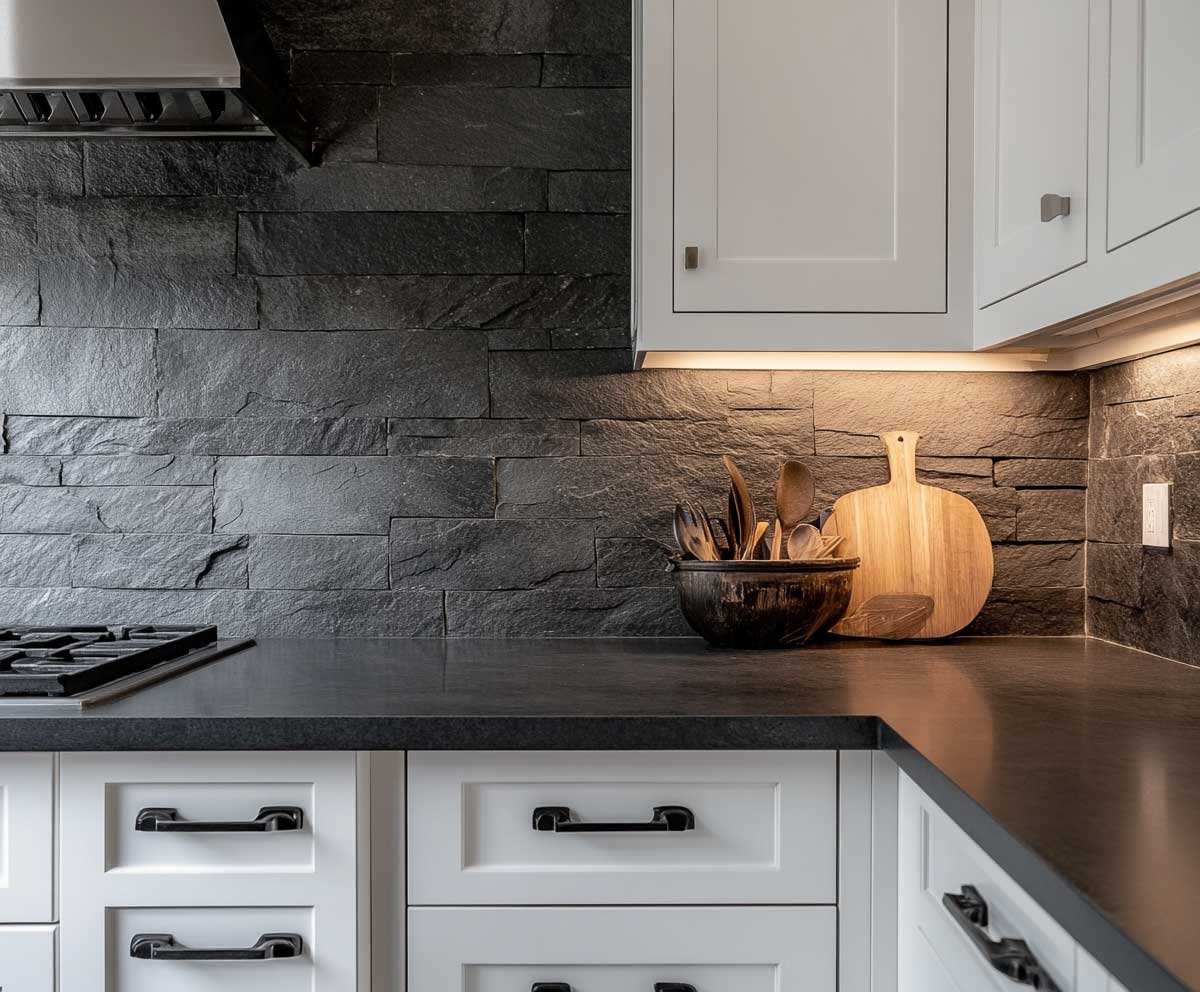 matte textured charcoal stone backsplash wall, rustic-modern style kitchen, crisp white shaker cabinets, under-cabinet lighting, natural shadows, earthy and bold contrast