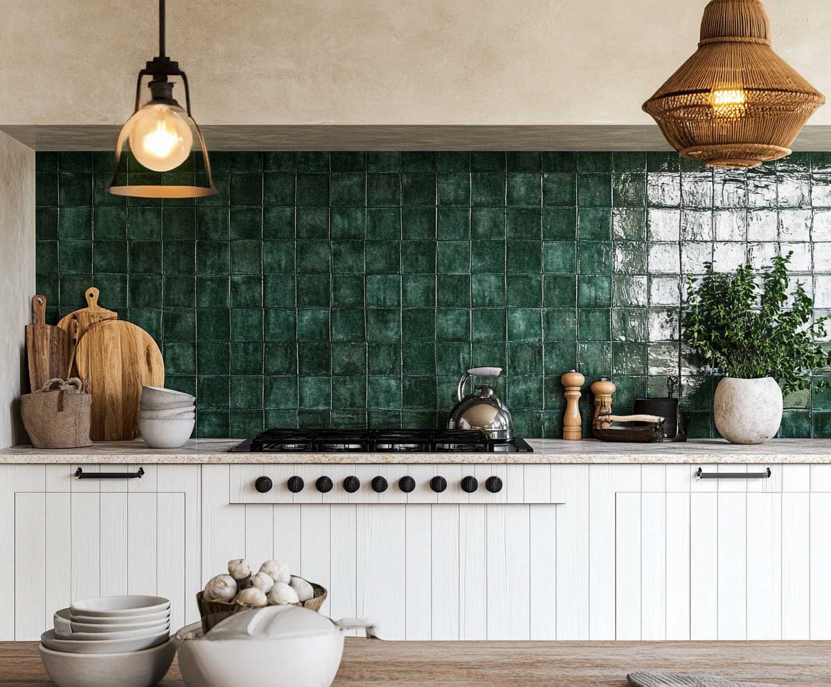 rich emerald green Zellige tile backsplash, high gloss finish, handcrafted look, paired with white wooden kitchen cabinets, soft ambient lighting, Moroccan inspired kitchen design