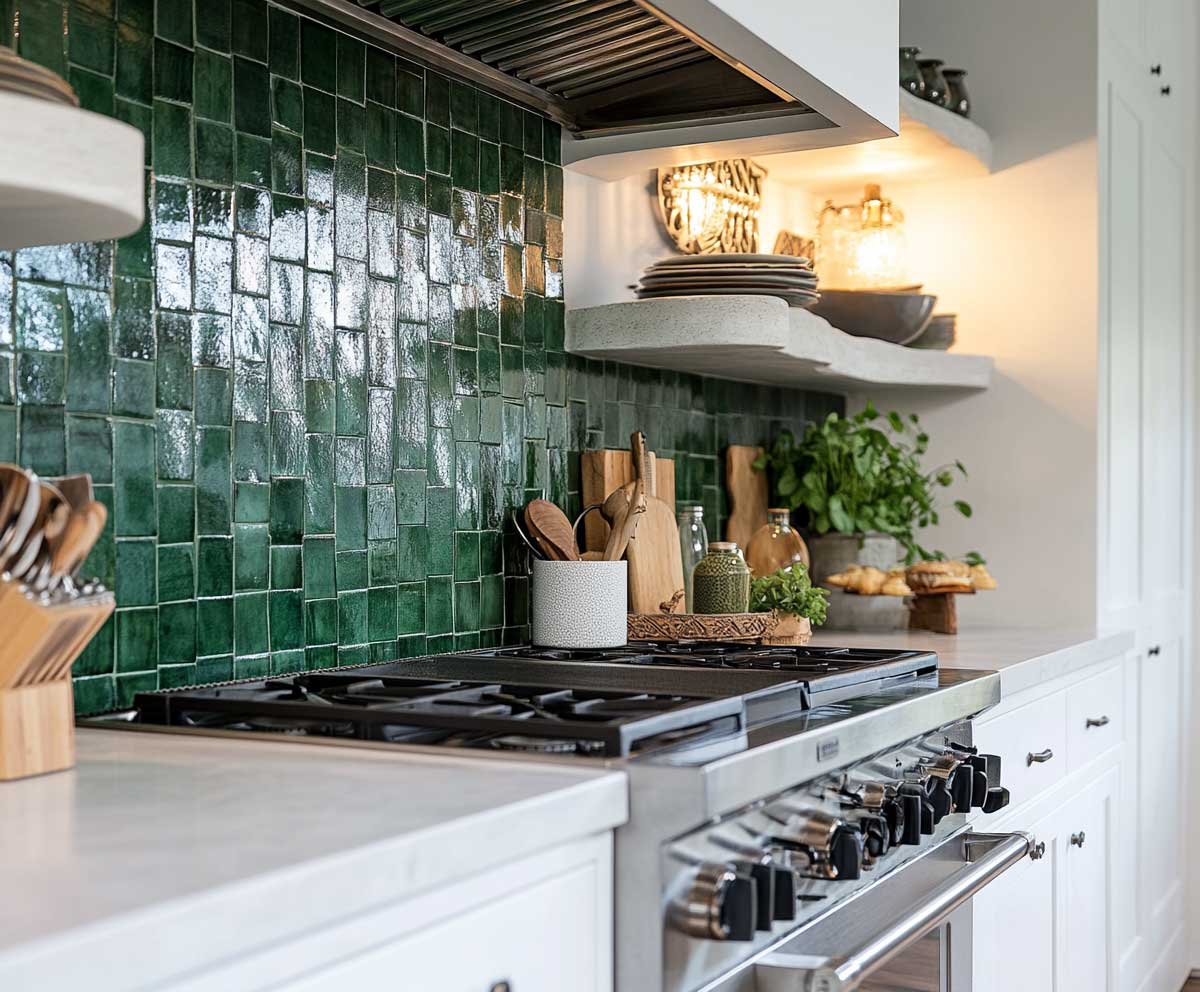 rich emerald green Zellige tile backsplash, high gloss finish, handcrafted look, paired with white wooden kitchen cabinets, soft ambient lighting, Moroccan inspired kitchen design