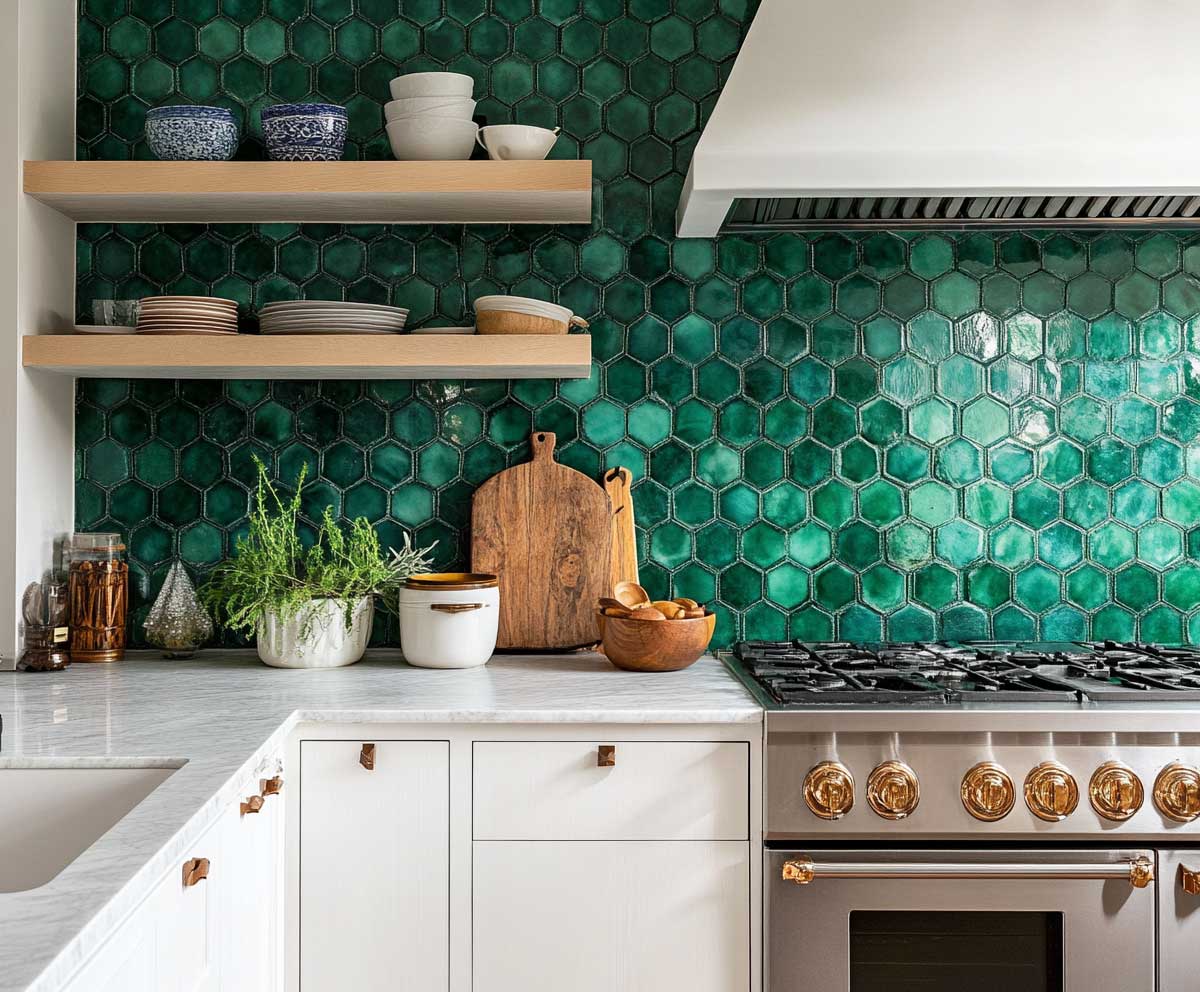 rich emerald green Zellige tile backsplash, high gloss finish, handcrafted look, paired with white wooden kitchen cabinets, soft ambient lighting, Moroccan inspired kitchen design