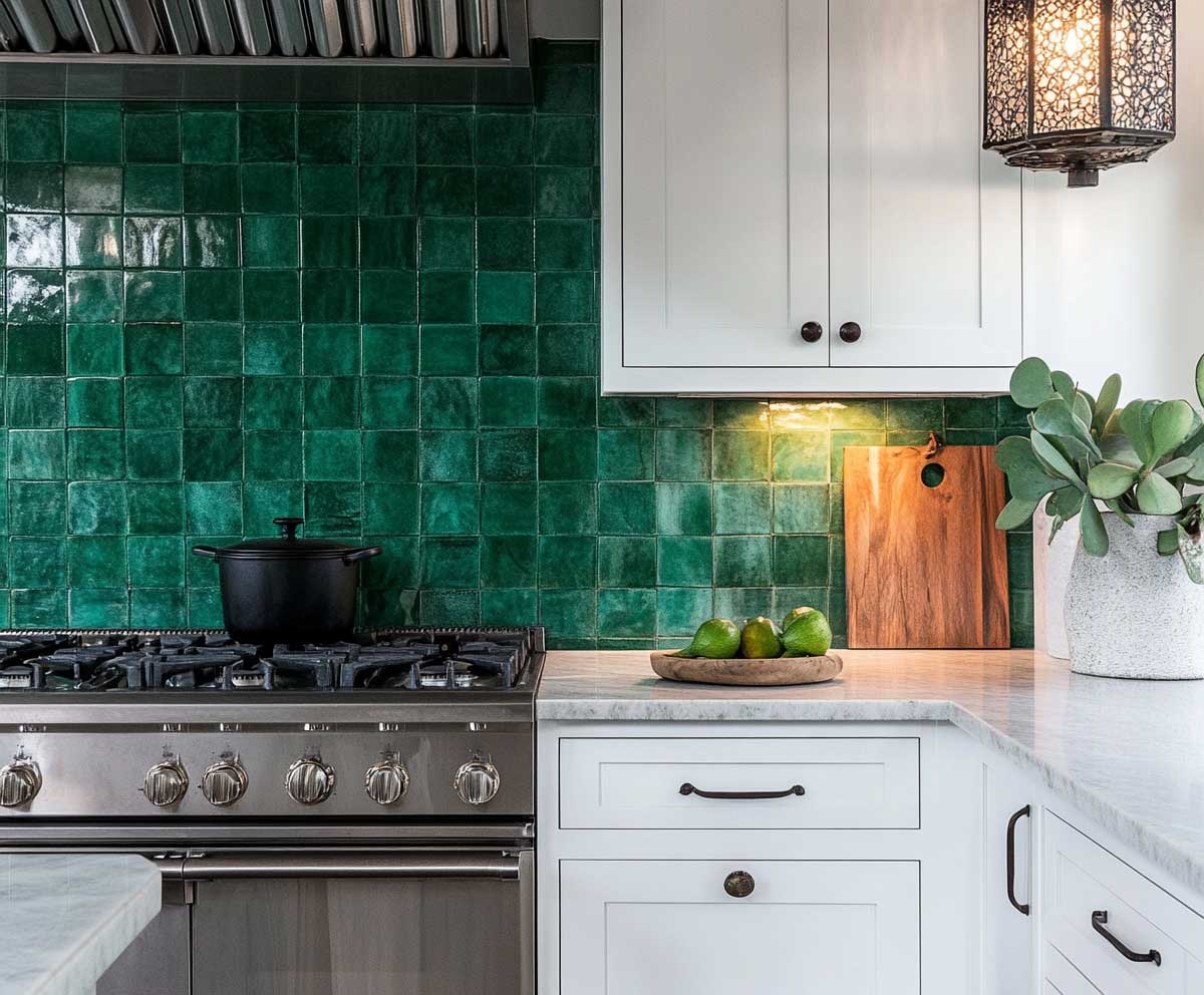 rich emerald green Zellige tile backsplash, high gloss finish, handcrafted look, paired with white wooden kitchen cabinets, soft ambient lighting, Moroccan inspired kitchen design