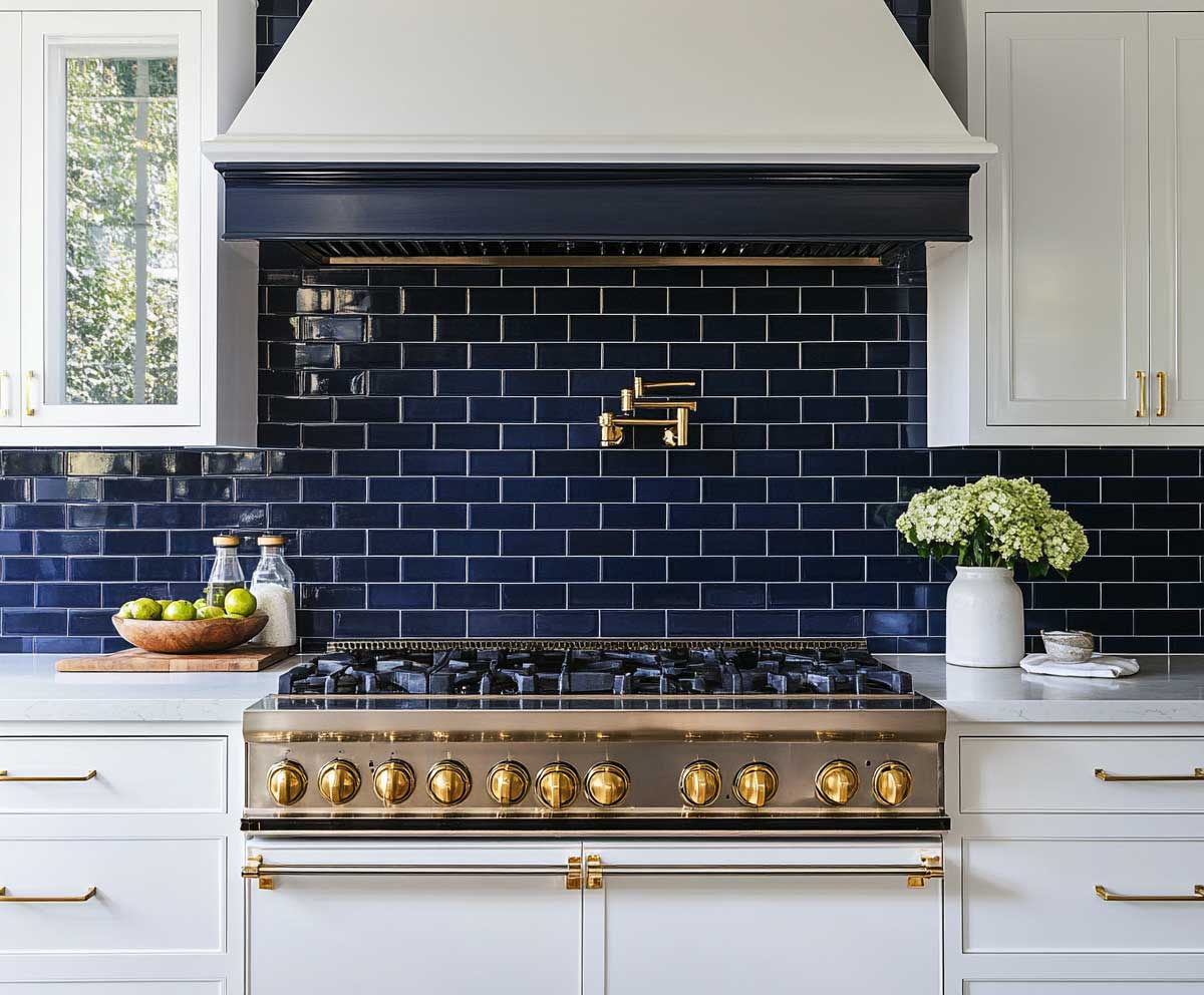 sleek navy blue subway tile backsplash with glossy finish, surrounded by bright white cabinets, gold hardware, well-lit kitchen interior, clean lines and stylish contrast