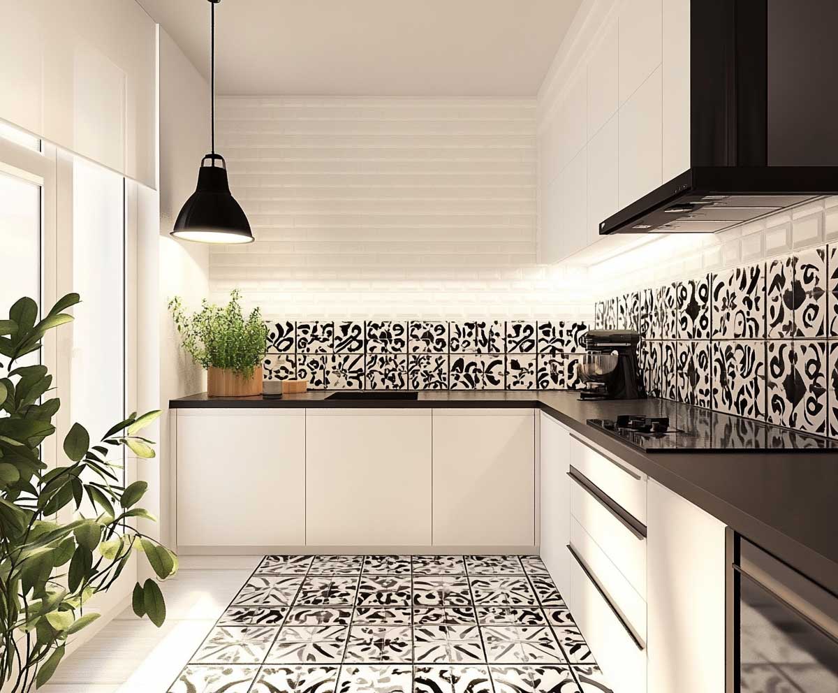high contrast black and white patterned tiles, geometric graphic design, paired with minimal white upper cabinets, bright kitchen lighting, creative and modern style