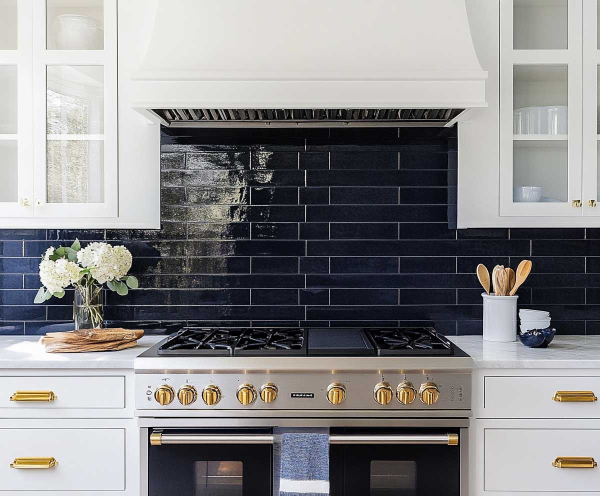sleek navy blue subway tile backsplash with glossy finish, surrounded by bright white cabinets, gold hardware, well-lit kitchen interior, clean lines and stylish contrast
