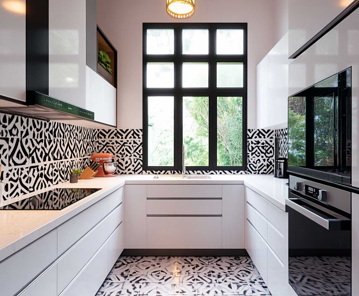 high contrast black and white patterned tiles, geometric graphic design, paired with minimal white upper cabinets, bright kitchen lighting, creative and modern style