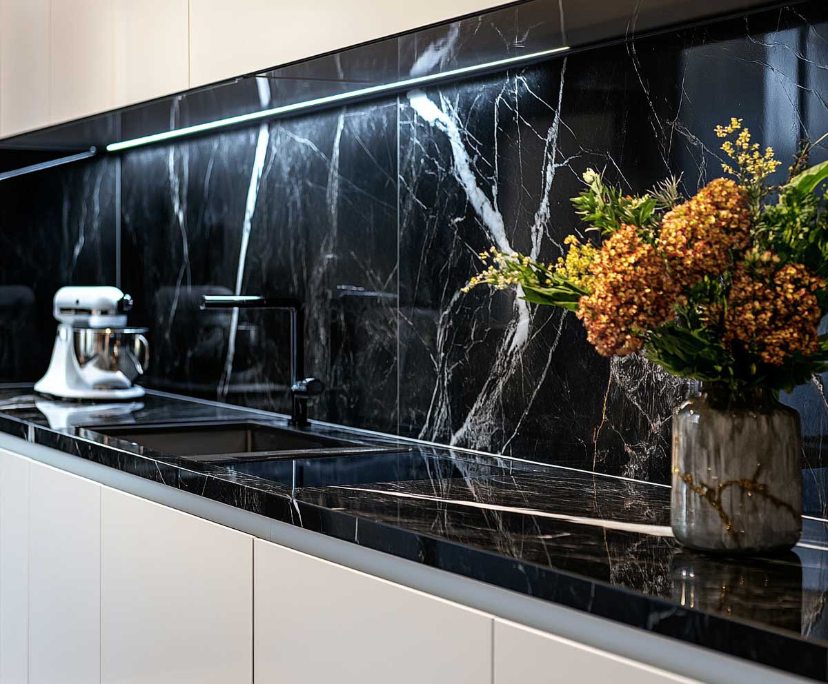 luxurious black marble backsplash with strong white veining, paired with high gloss modern white cabinets, soft kitchen lighting, dramatic contrast, ultra clean contemporary style