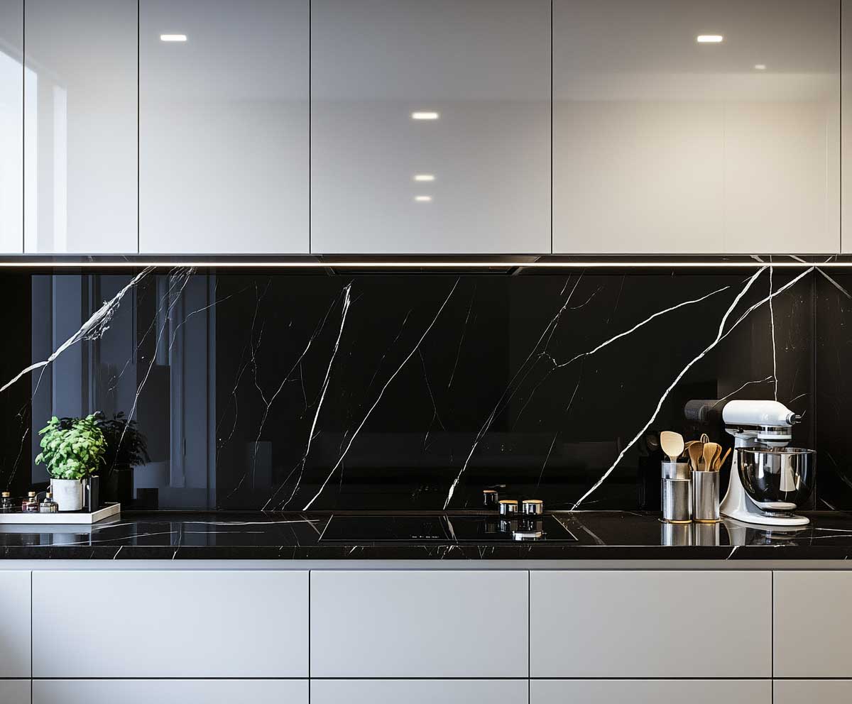 luxurious black marble backsplash with strong white veining, paired with high gloss modern white cabinets, soft kitchen lighting, dramatic contrast, ultra clean contemporary style