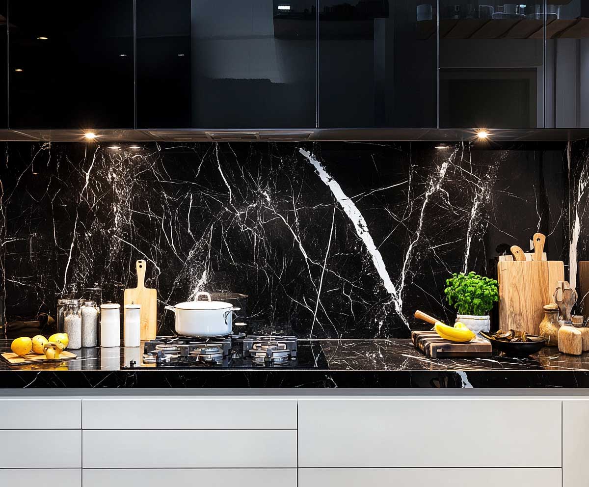 luxurious black marble backsplash with strong white veining, paired with high gloss modern white cabinets, soft kitchen lighting, dramatic contrast, ultra clean contemporary style
