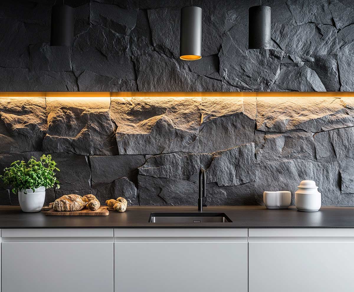 matte textured charcoal stone backsplash wall, rustic-modern style kitchen, crisp white shaker cabinets, under-cabinet lighting, natural shadows, earthy and bold contrast