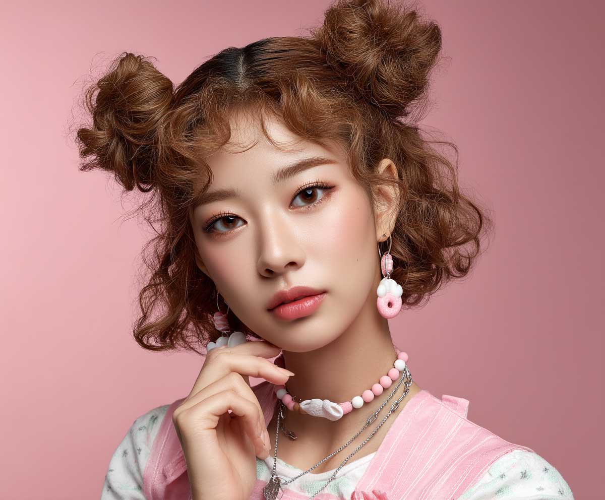 kpop-inspired hairstyle on naturally curly hair, shoulder length with two playful top buns, soft makeup, cute stage outfit, pastel theme, close-up portrait with studio lighting, korean pop girl group style