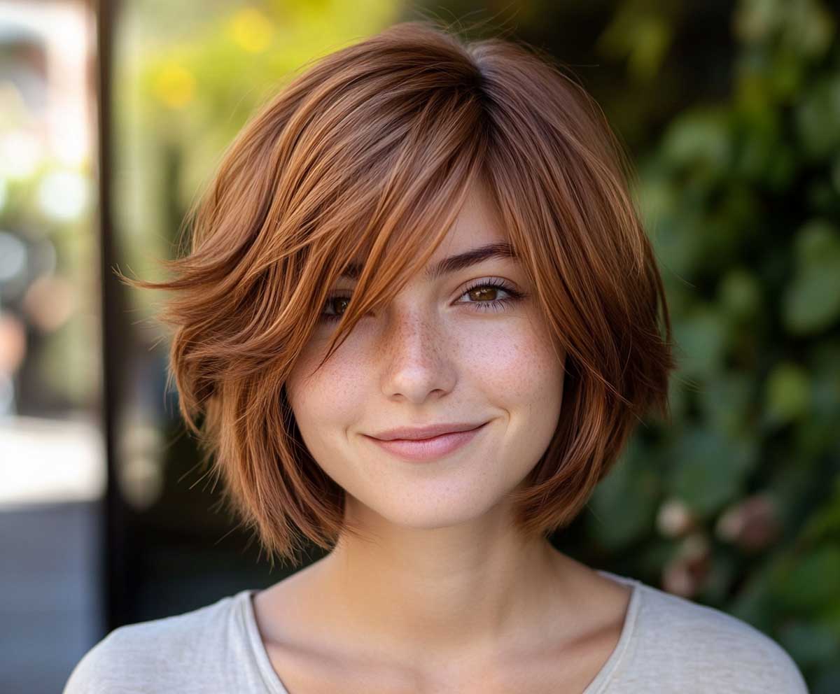 chestnut bronze shag haircut on short hair, medium layers with choppy ends, outdoor natural light, confident expression, creative vibe