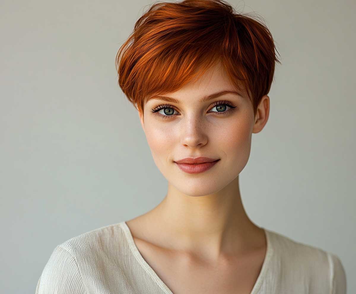 short auburn pixie haircut with layered texture, natural makeup, soft daylight, relaxed studio portrait, cheerful woman, high detail hair strands