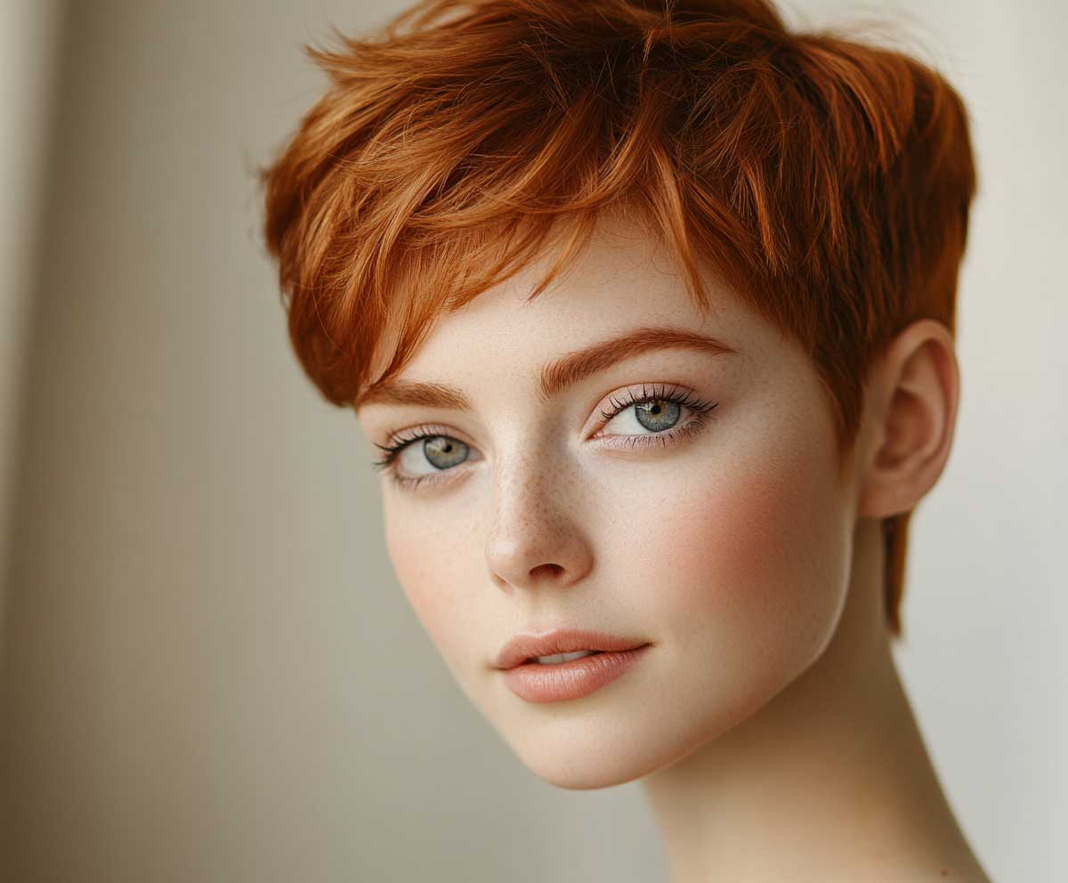 short auburn pixie haircut with layered texture, natural makeup, soft daylight, relaxed studio portrait, cheerful woman, high detail hair strands