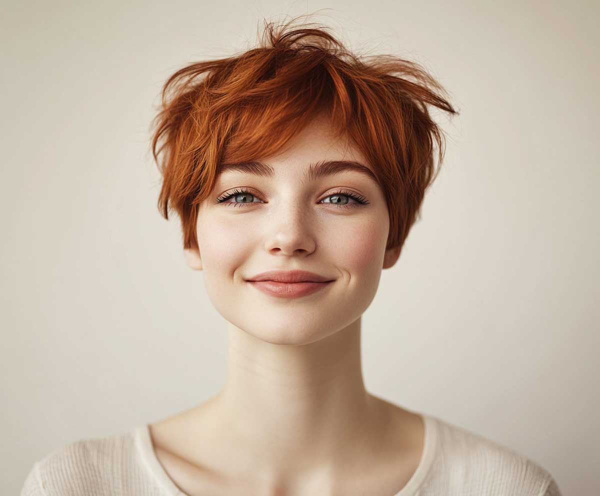 short auburn pixie haircut with layered texture, natural makeup, soft daylight, relaxed studio portrait, cheerful woman, high detail hair strands