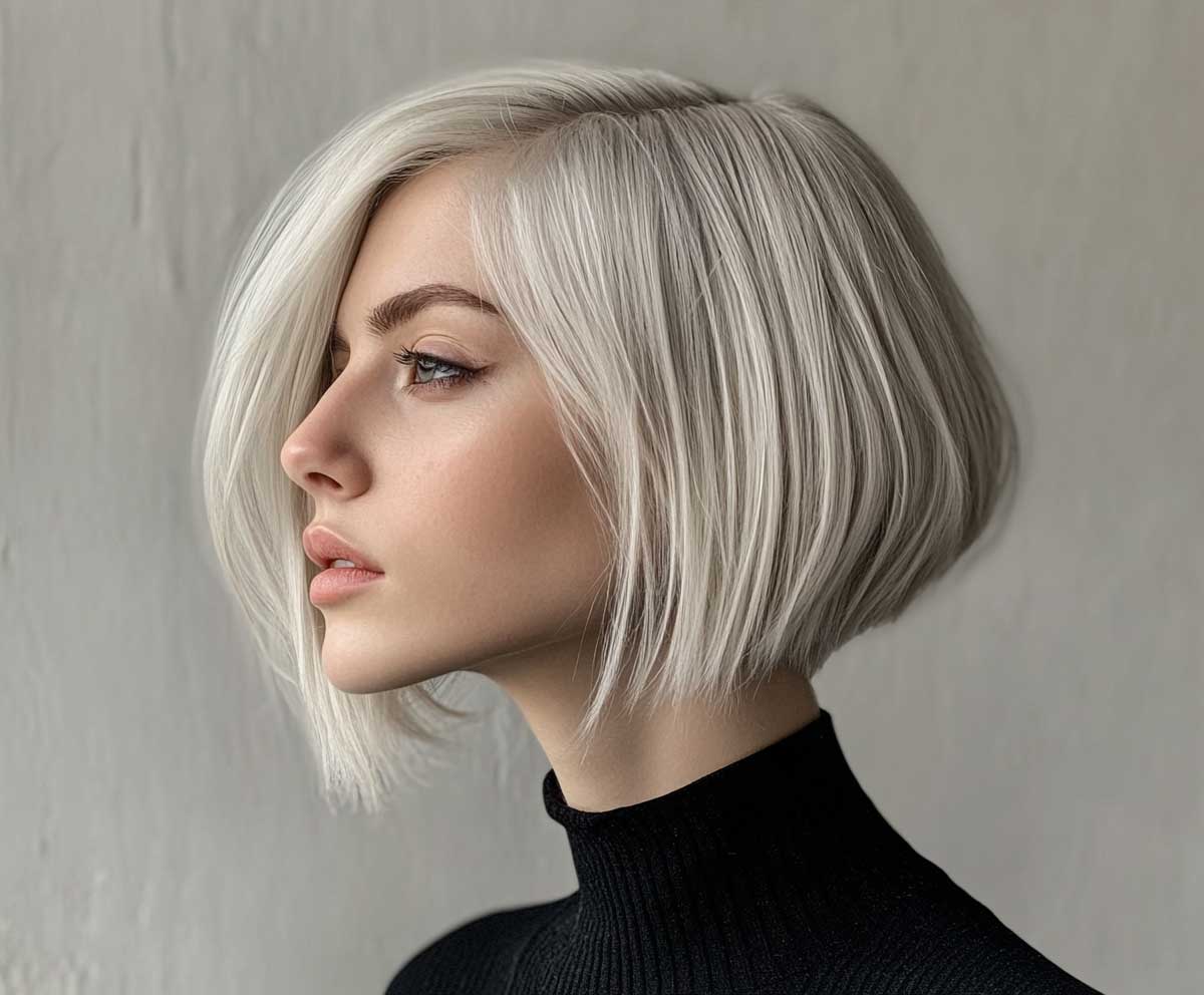 silver tapered bob haircut with cool undertones, woman looking confident, minimalist background, fashion-focused lighting, clean and sharp hair layers