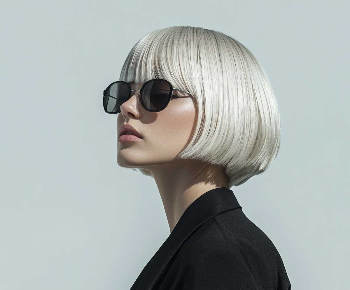 silver tapered bob haircut with cool undertones, woman looking confident, minimalist background, fashion-focused lighting, clean and sharp hair layers