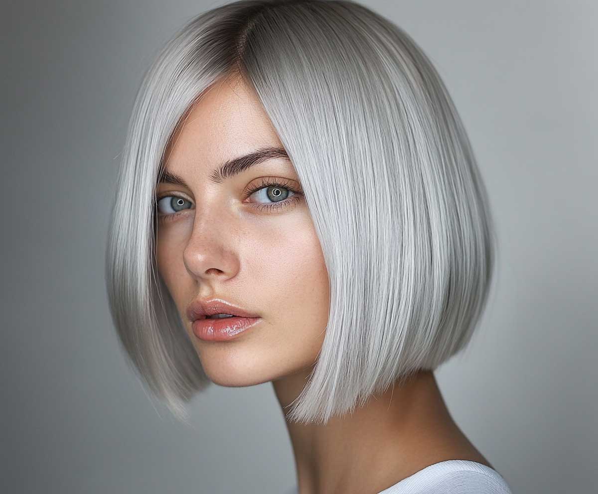 silver tapered bob haircut with cool undertones, woman looking confident, minimalist background, fashion-focused lighting, clean and sharp hair layers
