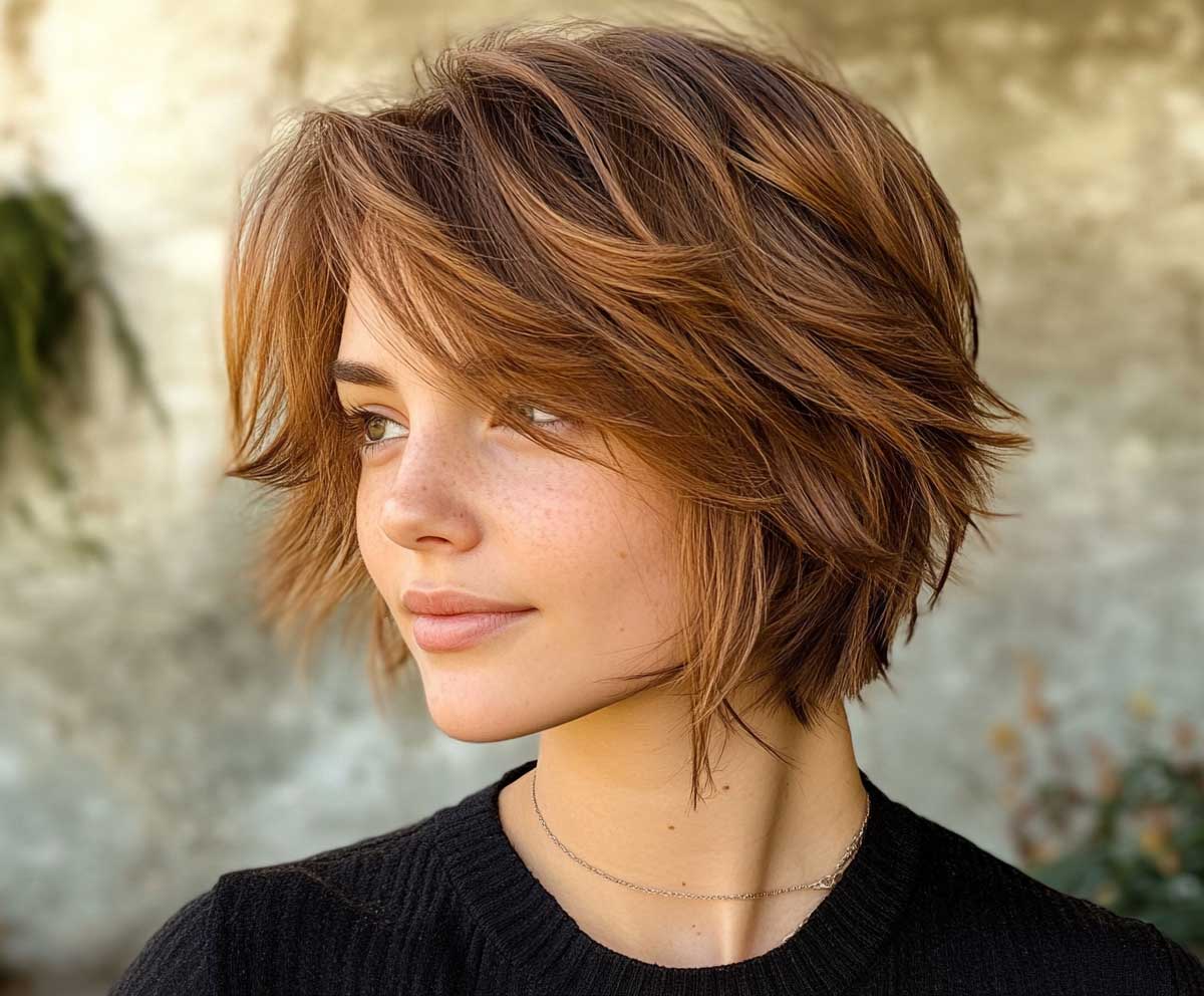 chestnut bronze shag haircut on short hair, medium layers with choppy ends, outdoor natural light, confident expression, creative vibe