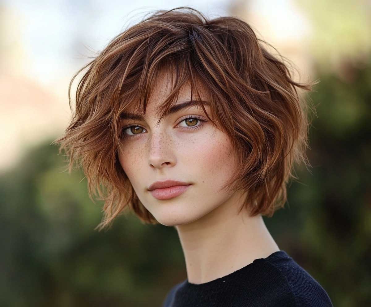 chestnut bronze shag haircut on short hair, medium layers with choppy ends, outdoor natural light, confident expression, creative vibe