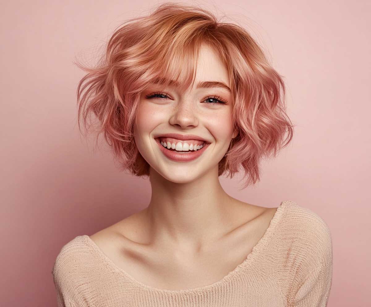 rose gold short hair with feathered layered ends, smiling young woman in soft lighting, studio portrait, playful vibe, modern and stylish cut