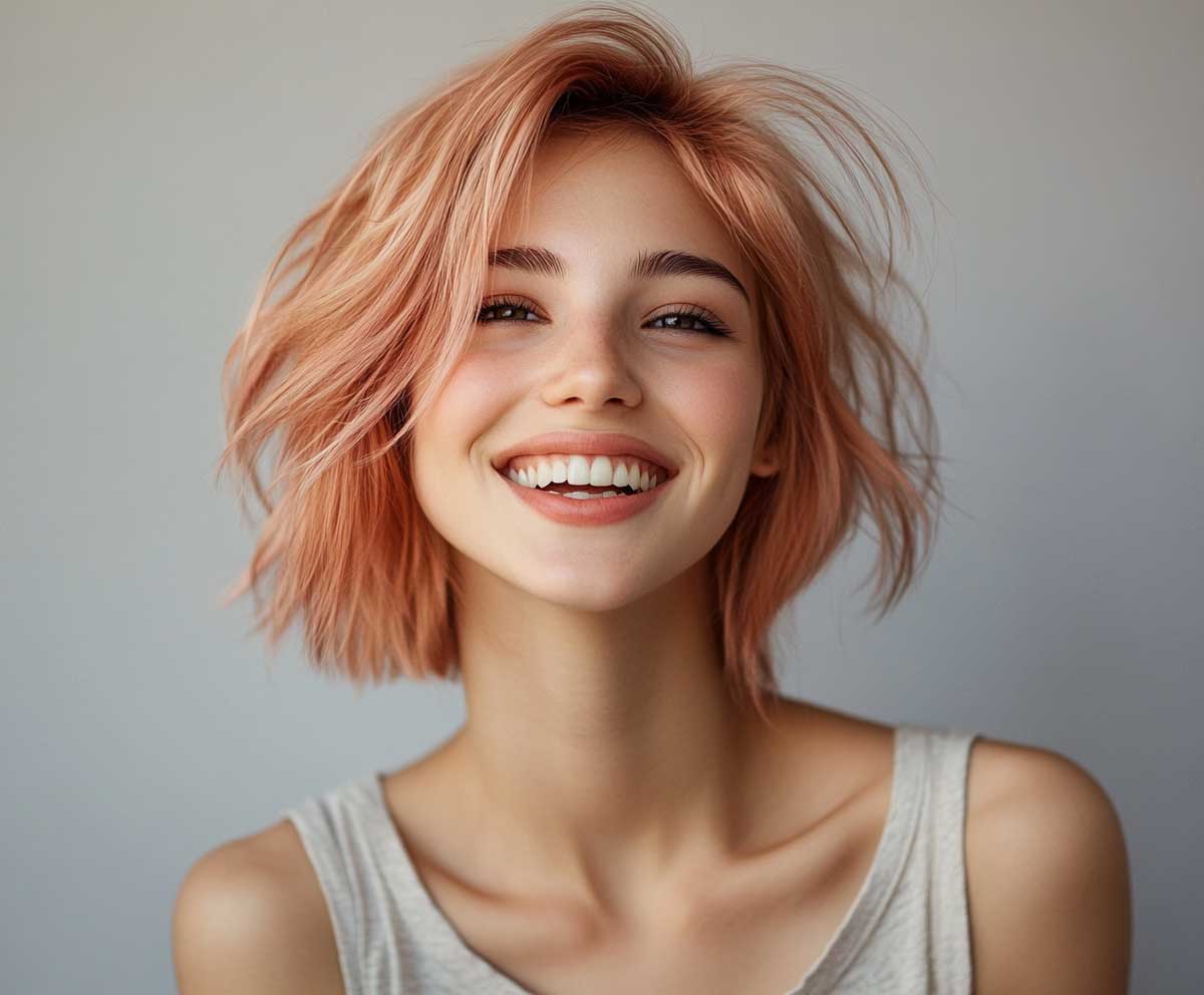 rose gold short hair with feathered layered ends, smiling young woman in soft lighting, studio portrait, playful vibe, modern and stylish cut