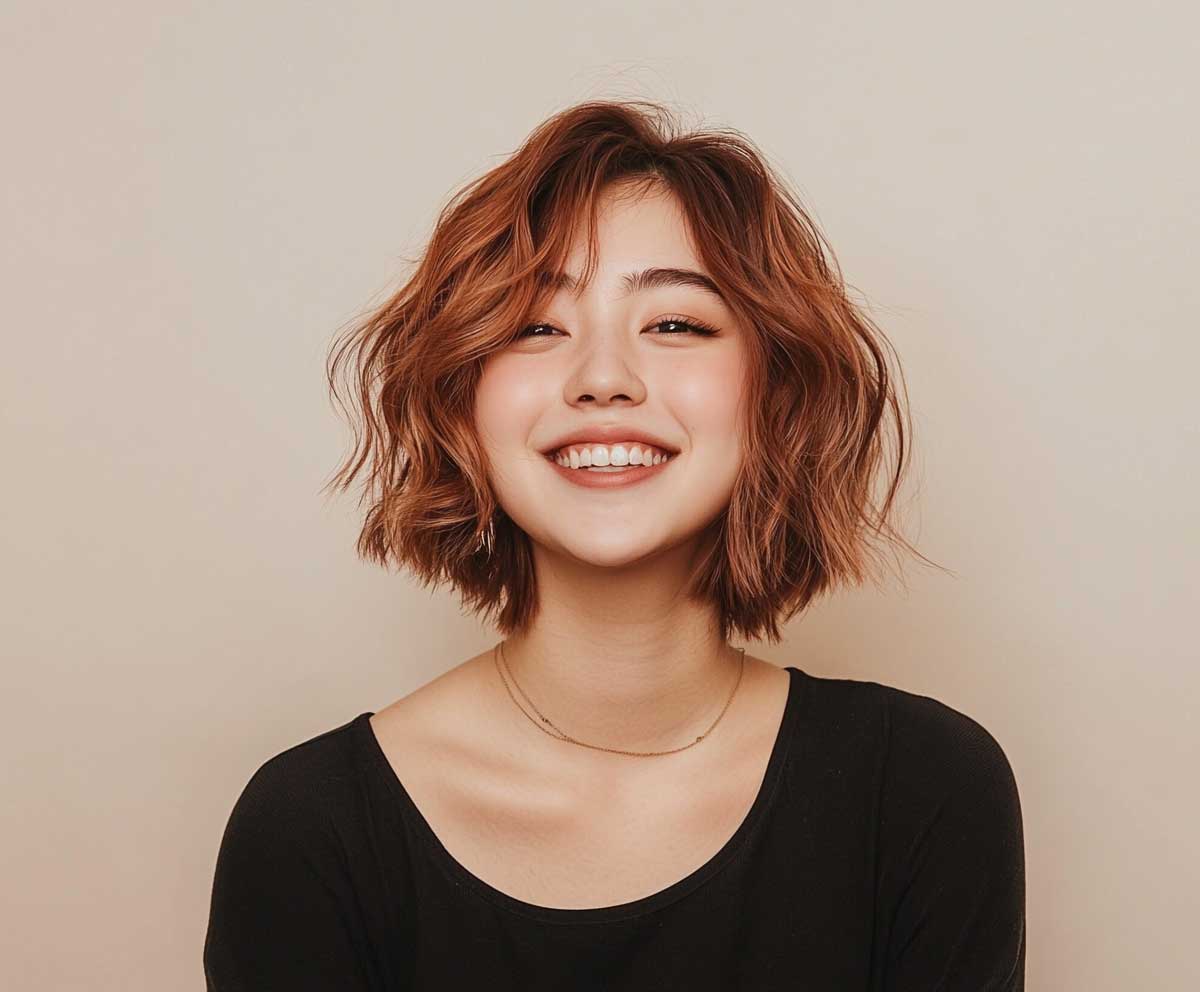 rose gold short hair with feathered layered ends, smiling young woman in soft lighting, studio portrait, playful vibe, modern and stylish cut