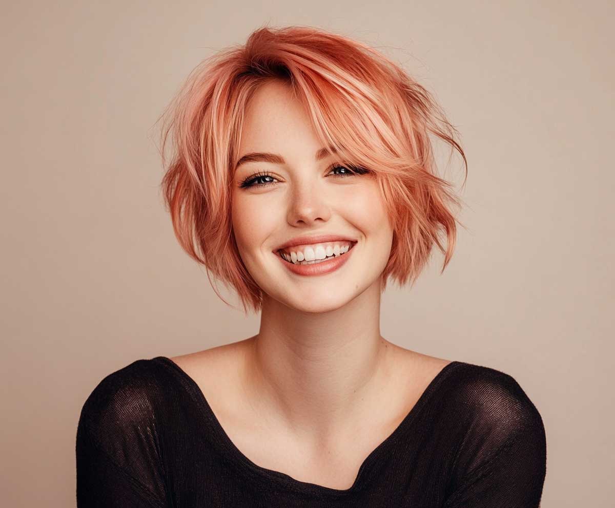 rose gold short hair with feathered layered ends, smiling young woman in soft lighting, studio portrait, playful vibe, modern and stylish cut