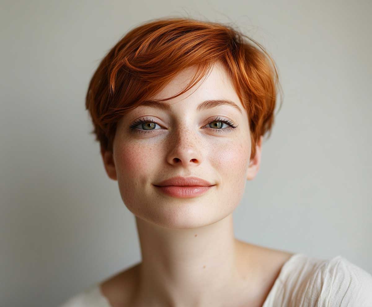 short auburn pixie haircut with layered texture, natural makeup, soft daylight, relaxed studio portrait, cheerful woman, high detail hair strands