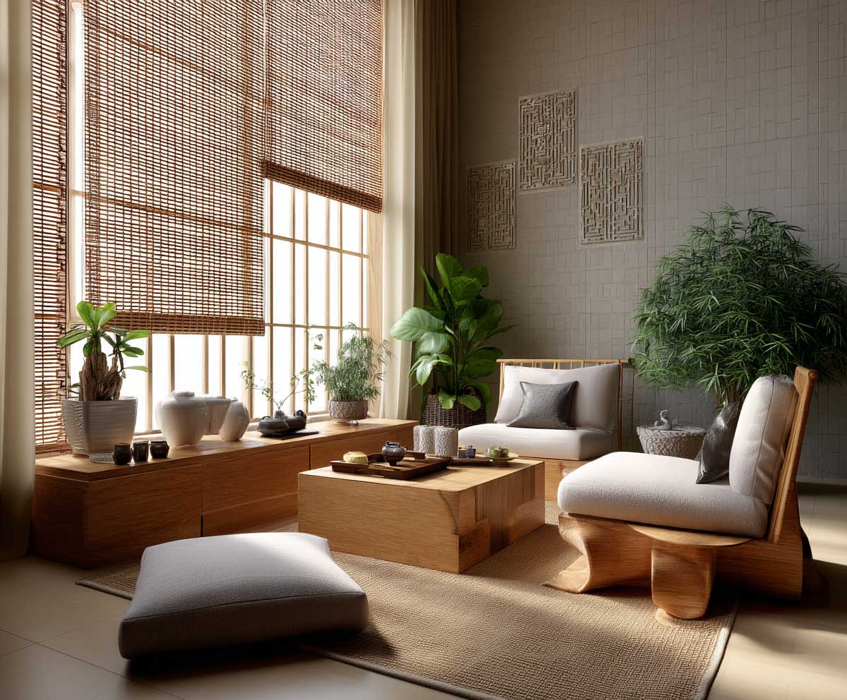 A serene modern Asian living room, soft cream curtains framing woven bamboo panel shades, low wooden furniture, tatami mat details, natural light flooding through textured bamboo, minimalistic decor with indoor plants, soft shadows and warm tones