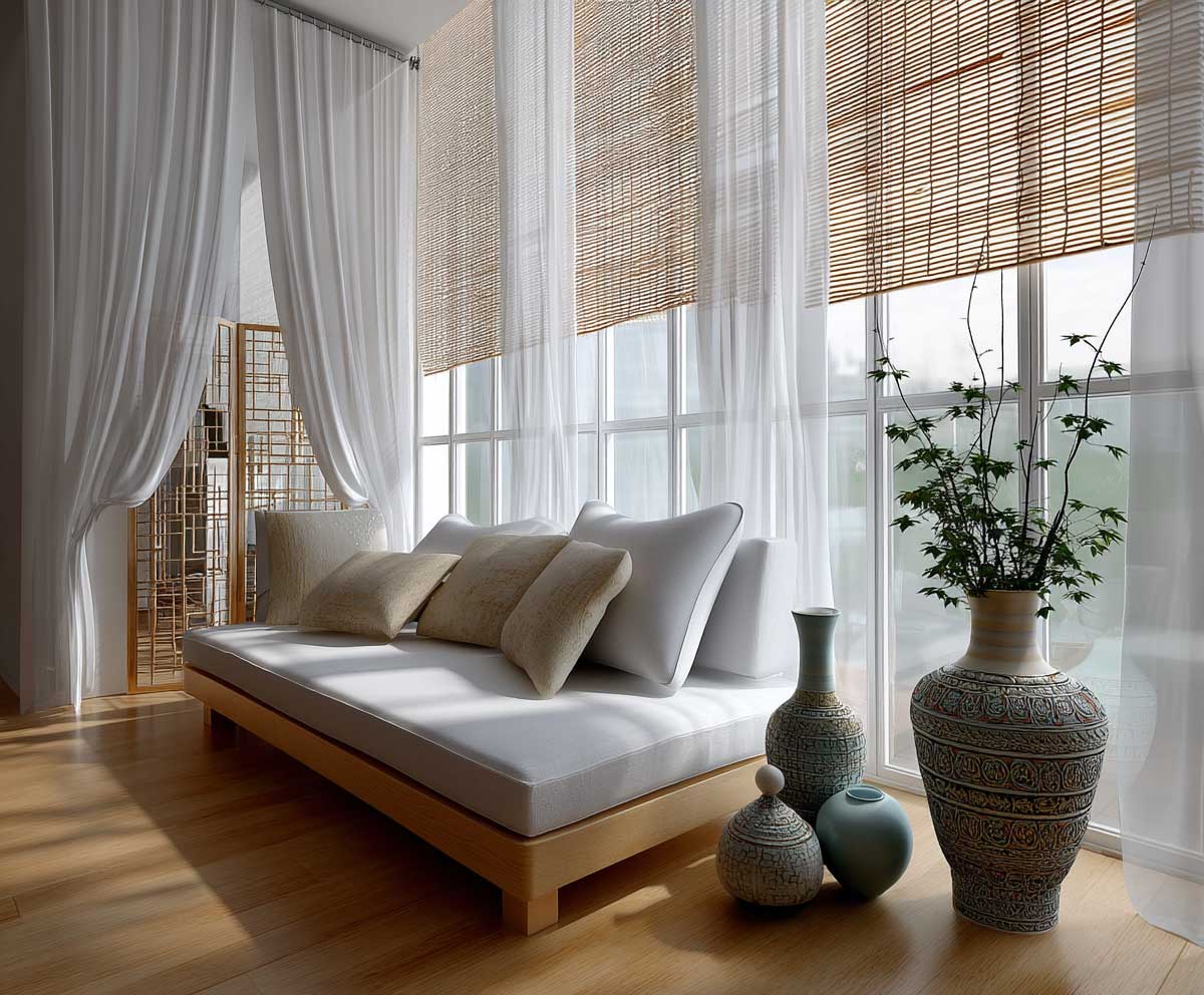 10+ Living Room Curtain Ideas with Bamboo Shades for a Zen Asian Aesthetic