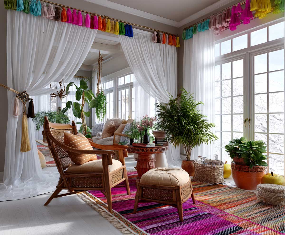Eclectic bohemian living room, sheer white curtains adorned with colorful tassel trim, vintage wooden furniture, colorful woven rug, vibrant indoor plants, sunlight filtering through bright airy windows