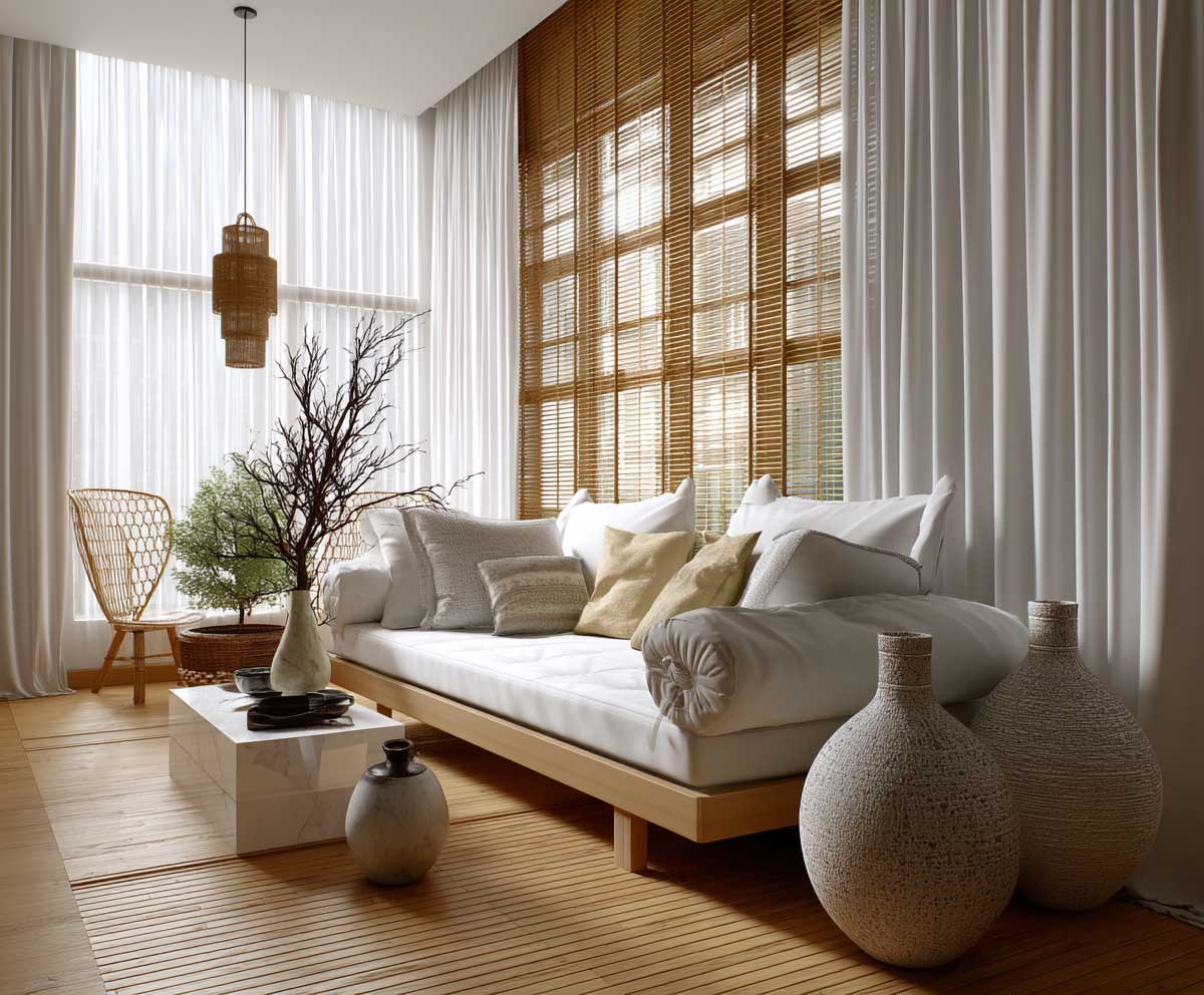 Calm Asian living space, floor-length white sheer curtains paired with light bamboo slat blinds, low-profile sofa and ceramic vases, soft ambient glow, traditional-meets-modern fusion
