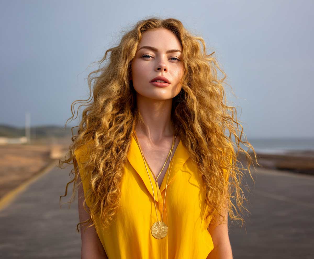 Girl with long lemon yellow curly hair, soft spirals with beach wave texture, golden hour light, relaxed and carefree styling, outdoor coastal vibe, full body portrait, fashion lookbook style