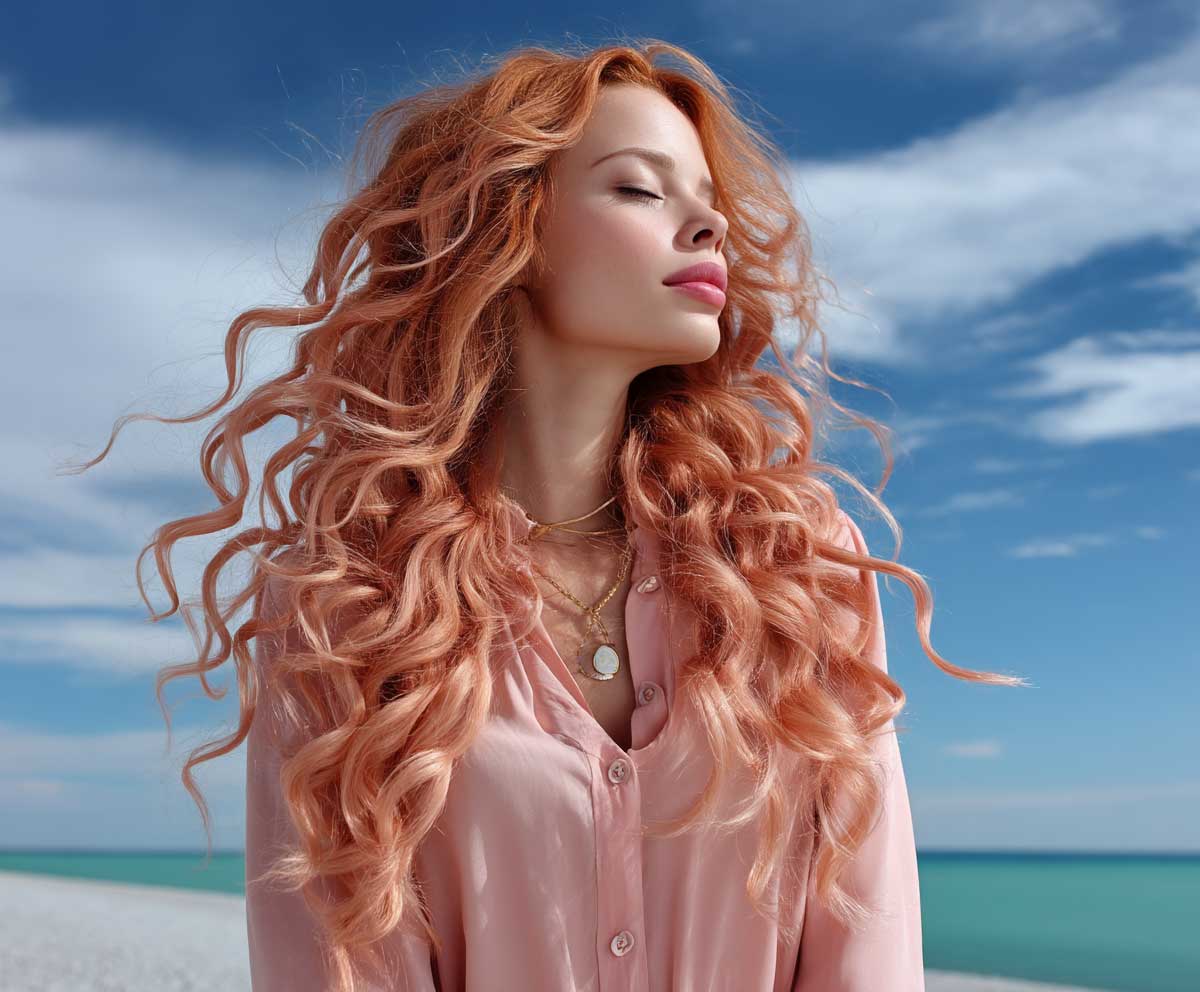 Young woman with coral peach long curly hair, soft beachy spiral texture, tousled waves flowing in natural motion, sunlit summer breeze setting, glowing tan skin, full body shot, high-fashion outdoor style