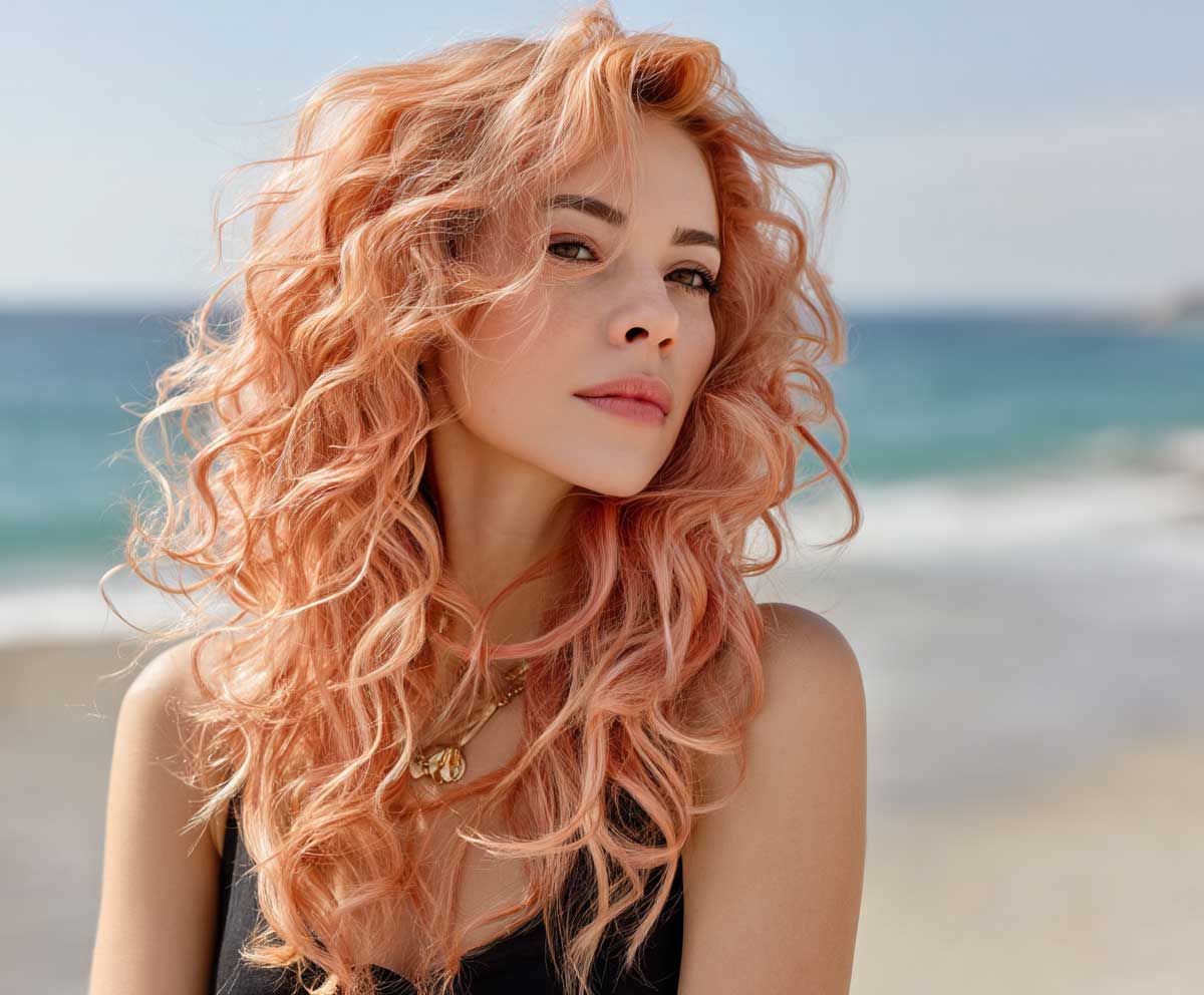 Young woman with coral peach long curly hair, soft beachy spiral texture, tousled waves flowing in natural motion, sunlit summer breeze setting, glowing tan skin, full body shot, high-fashion outdoor style
