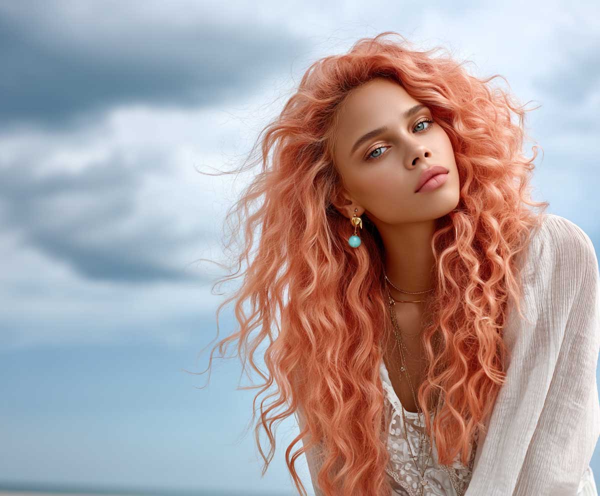 Young woman with coral peach long curly hair, soft beachy spiral texture, tousled waves flowing in natural motion, sunlit summer breeze setting, glowing tan skin, full body shot, high-fashion outdoor style