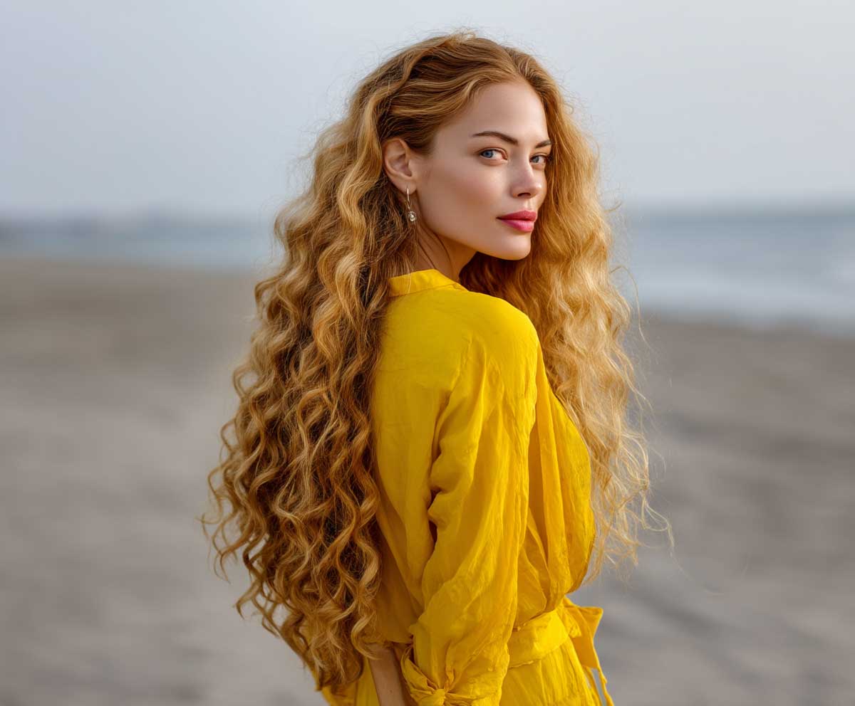 Girl with long lemon yellow curly hair, soft spirals with beach wave texture, golden hour light, relaxed and carefree styling, outdoor coastal vibe, full body portrait, fashion lookbook style