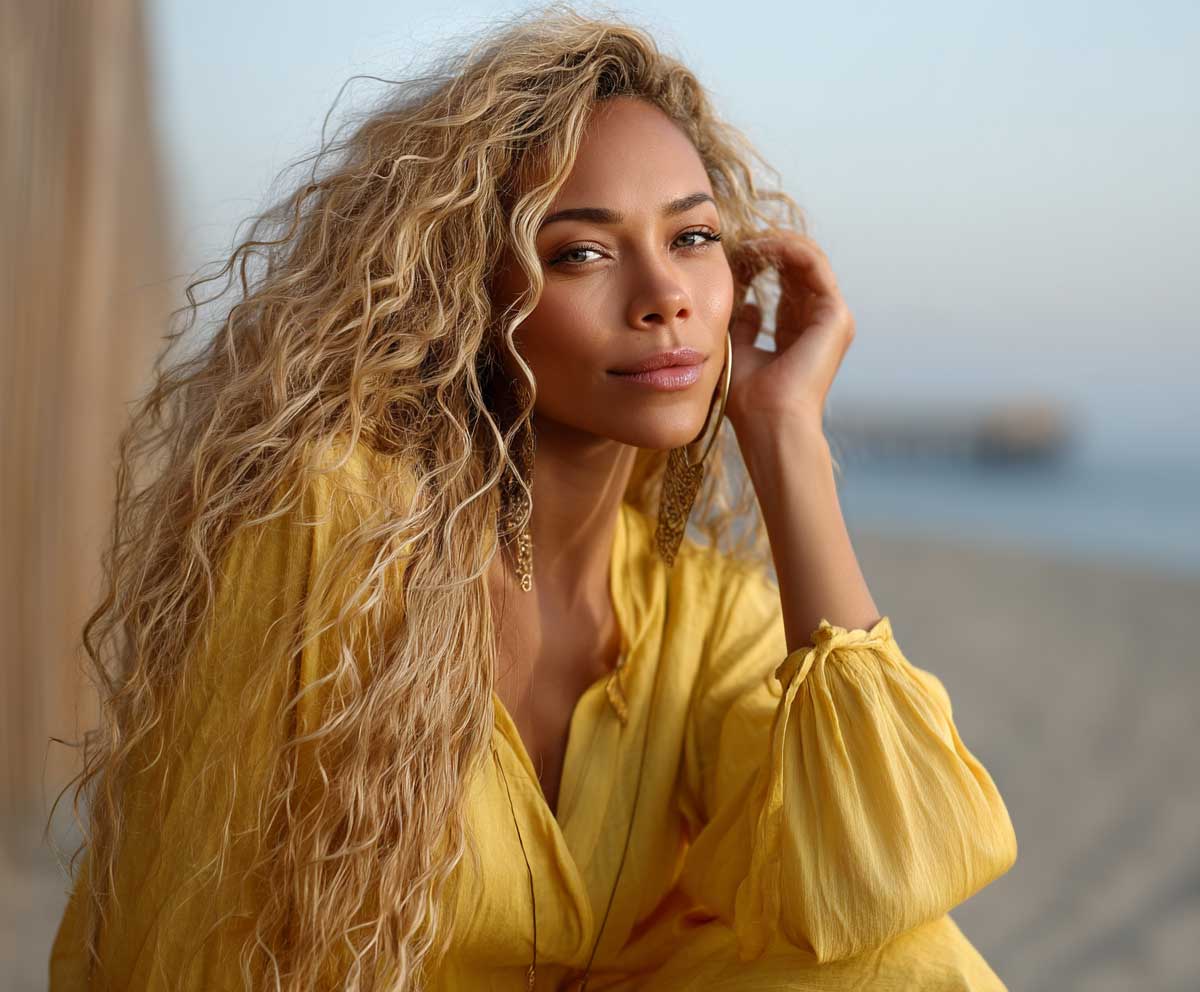 Girl with long lemon yellow curly hair, soft spirals with beach wave texture, golden hour light, relaxed and carefree styling, outdoor coastal vibe, full body portrait, fashion lookbook style