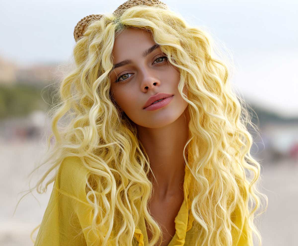 Girl with long lemon yellow curly hair, soft spirals with beach wave texture, golden hour light, relaxed and carefree styling, outdoor coastal vibe, full body portrait, fashion lookbook style