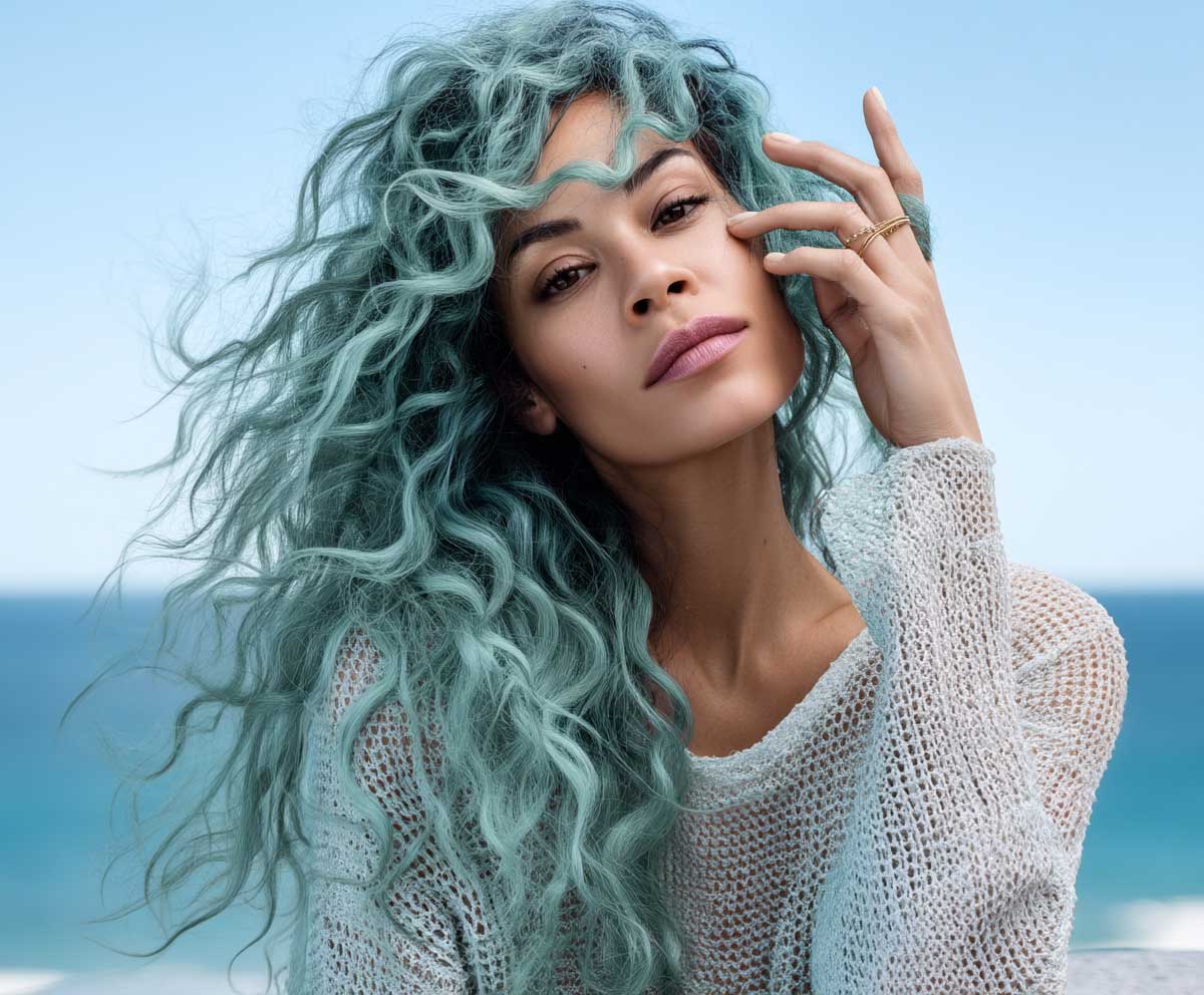 Model with aqua teal long curly hair, messy beachy spirals, ocean breeze effect, natural curl volume, serene sea background, wind in hair, full length, vibrant editorial fashion